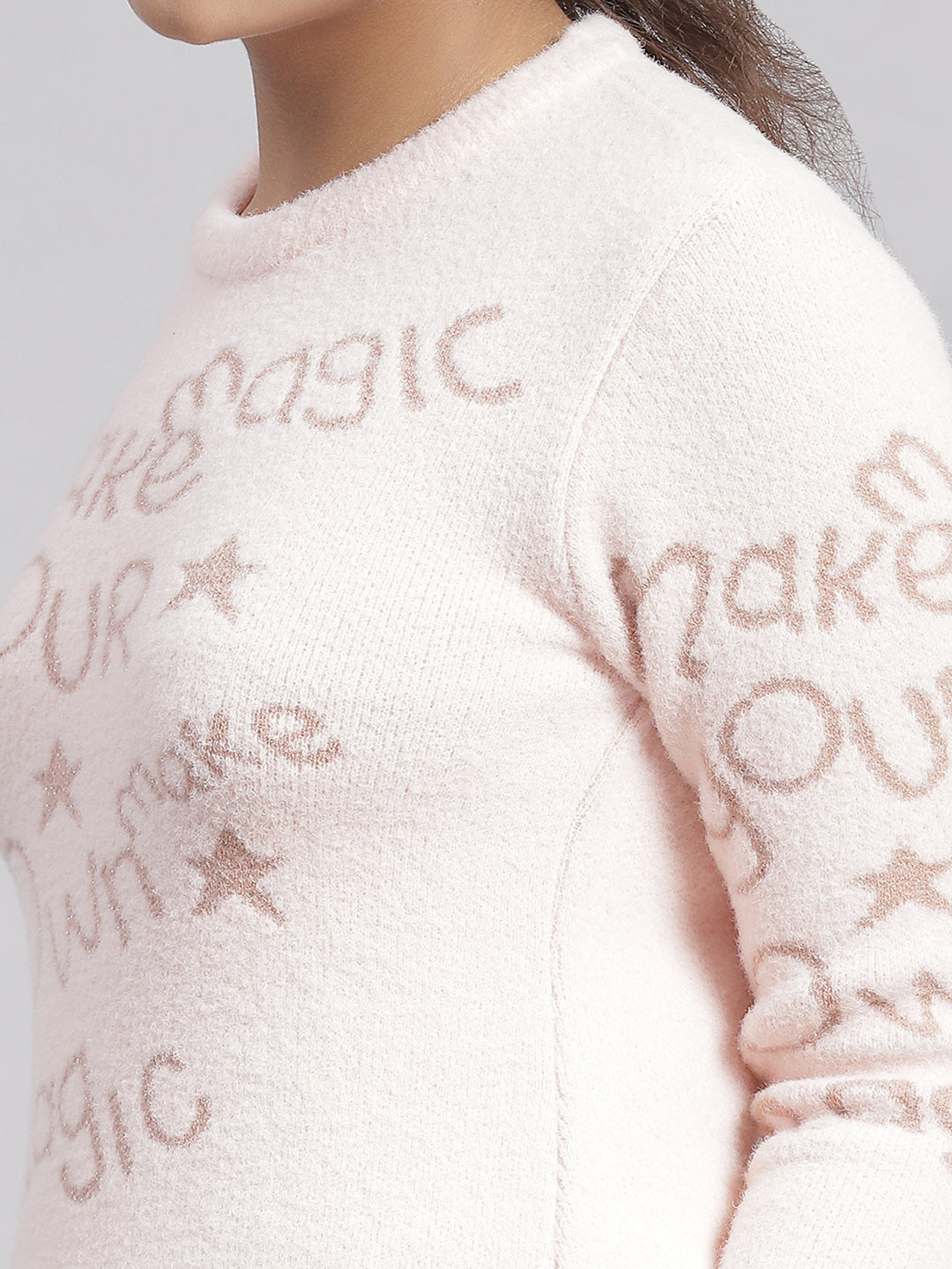 Girls Pink Printed Round Neck Full Sleeve Sweater