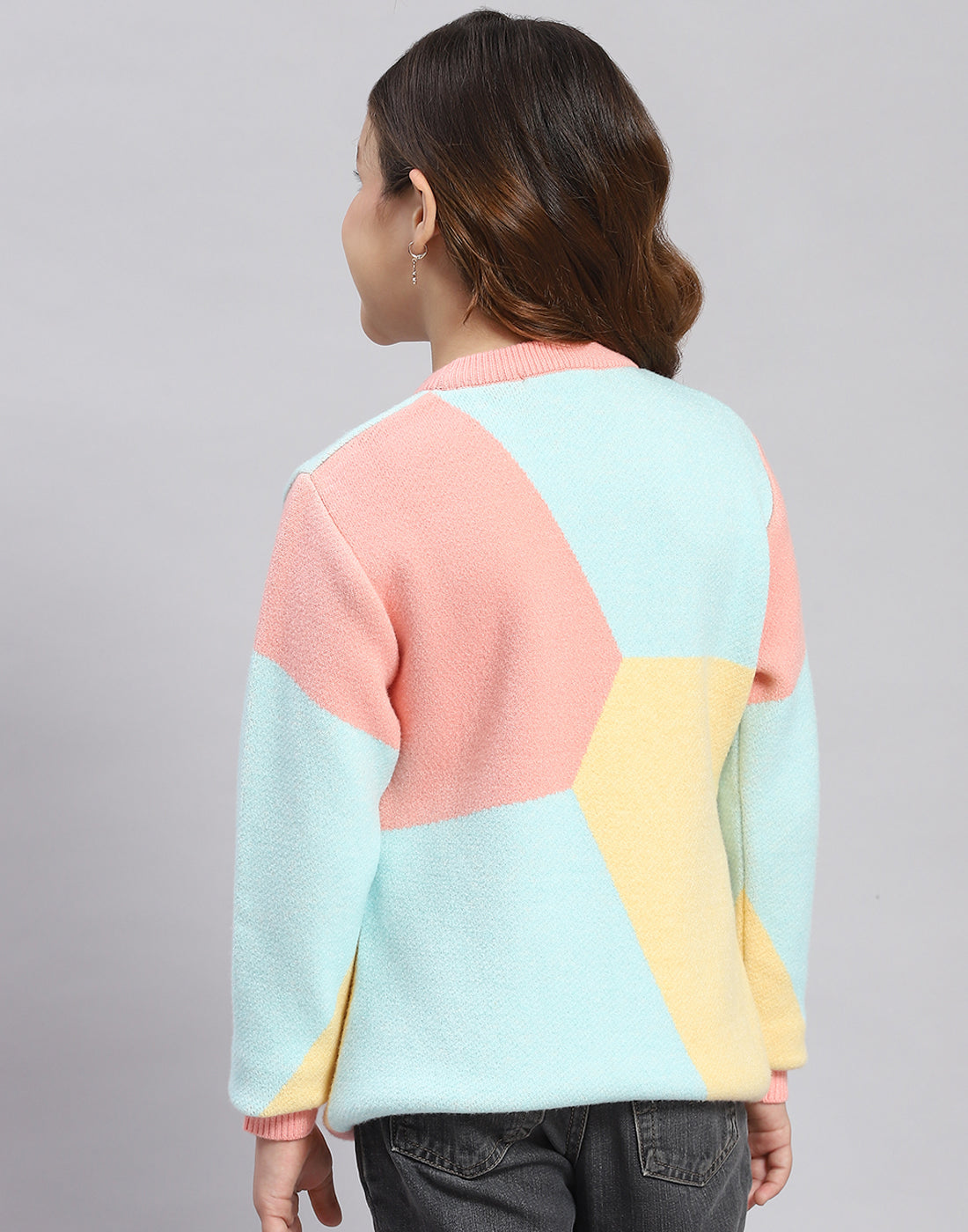 Girls Coral Self Design Round Neck Full Sleeve Sweater
