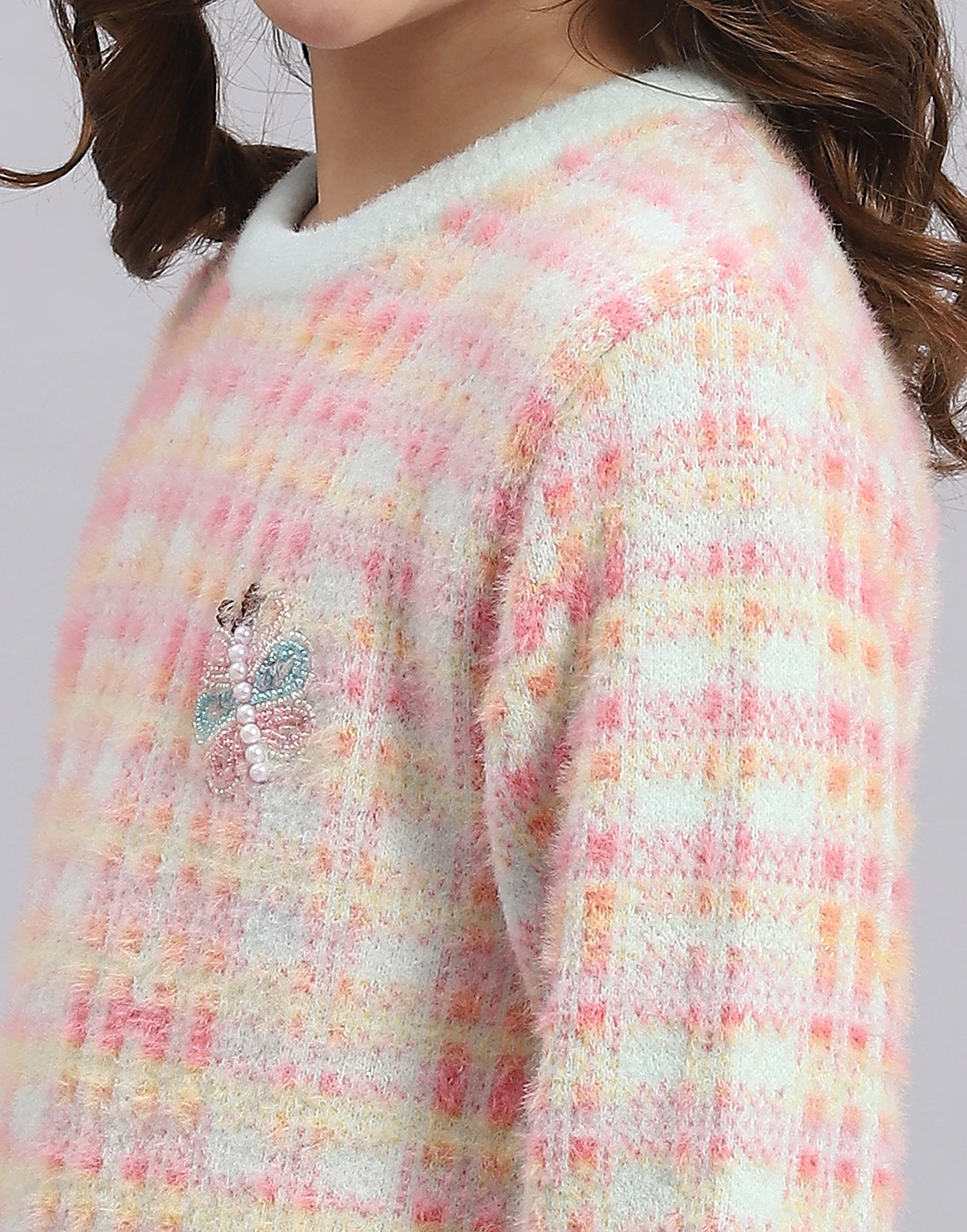 Girls Pink Self Design Round Neck Full Sleeve Sweater