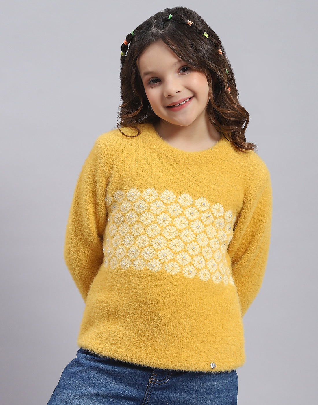 Girls Mustard Self Design Round Neck Full Sleeve Sweater
