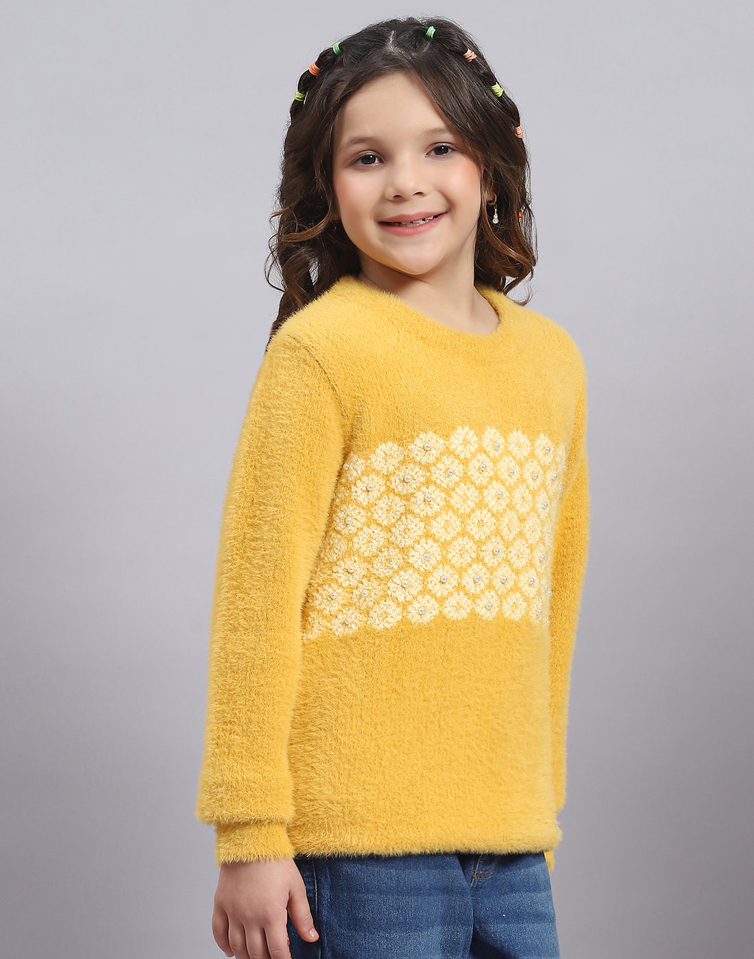 Girls Mustard Self Design Round Neck Full Sleeve Sweater