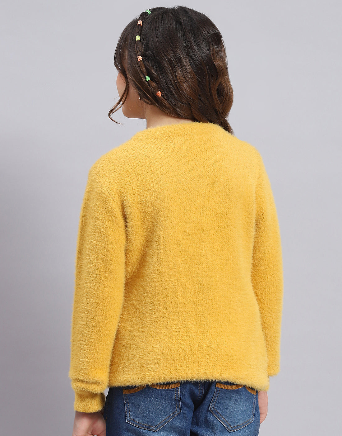 Girls Mustard Self Design Round Neck Full Sleeve Sweater