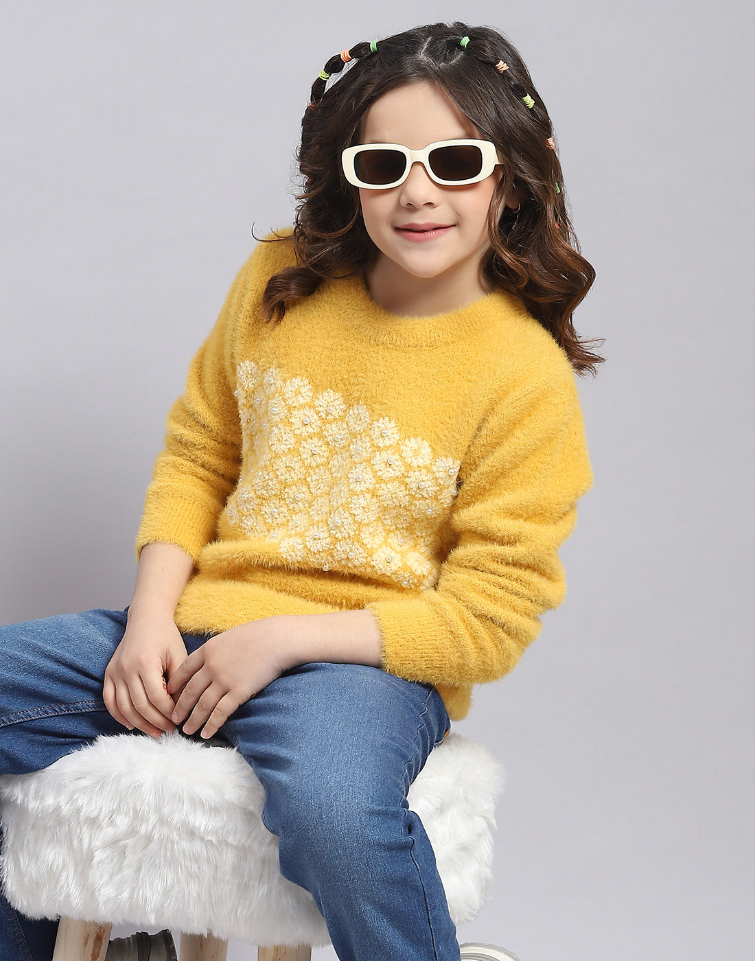 Girls Mustard Self Design Round Neck Full Sleeve Sweater