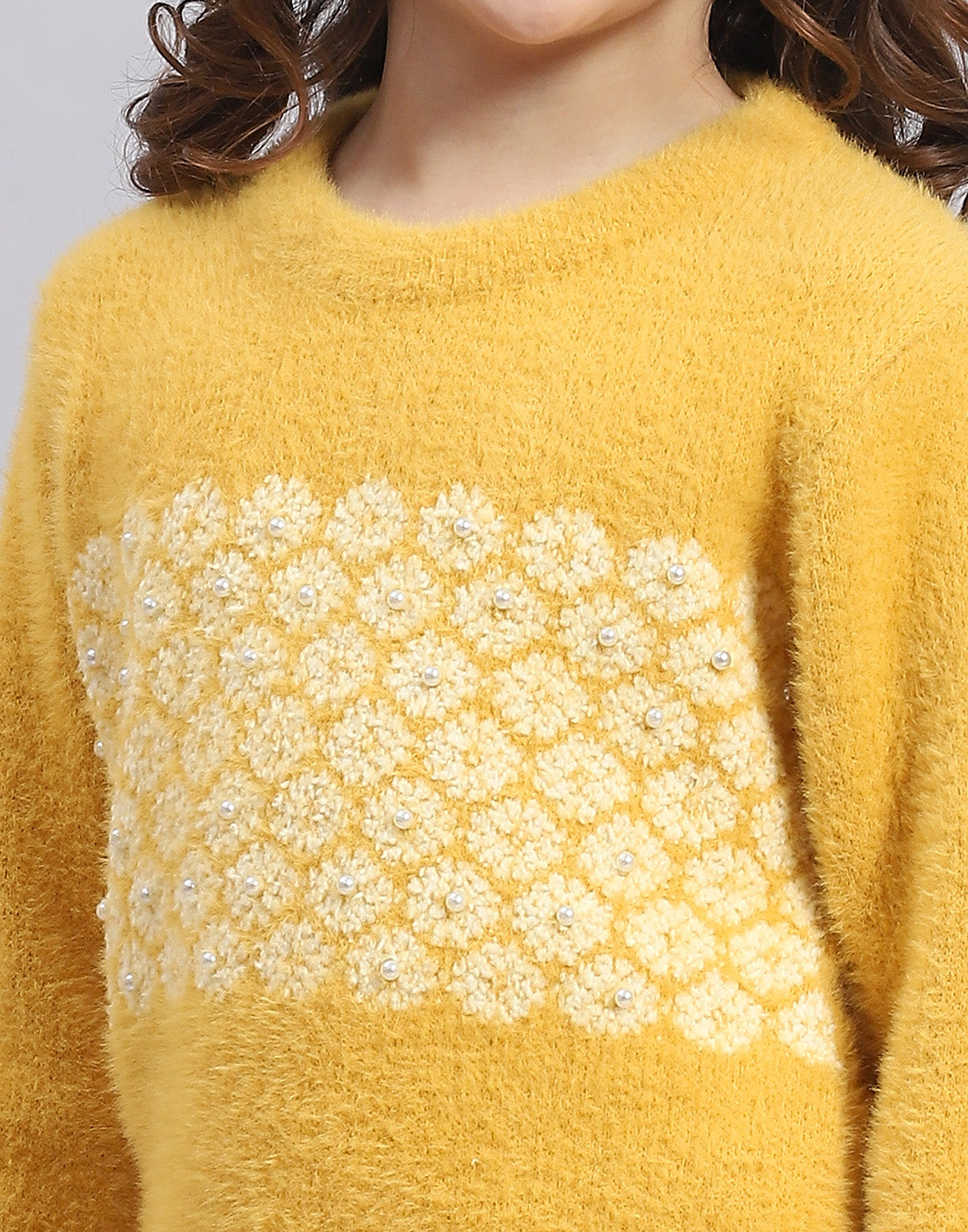 Girls Mustard Self Design Round Neck Full Sleeve Sweater