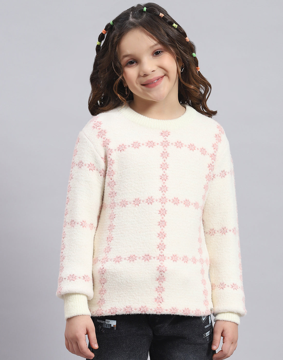 Girls Beige Self Design Round Neck Full Sleeve Sweater