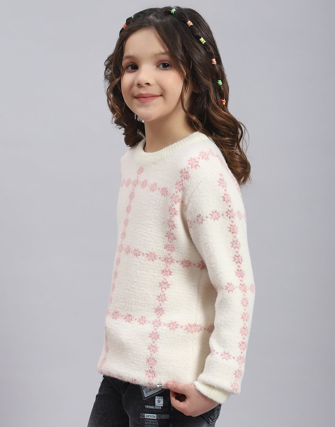 Girls Beige Self Design Round Neck Full Sleeve Sweater
