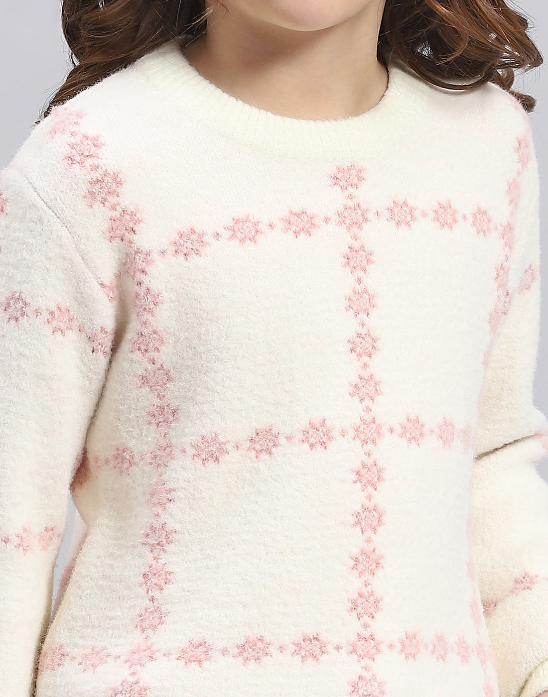 Girls Beige Self Design Round Neck Full Sleeve Sweater