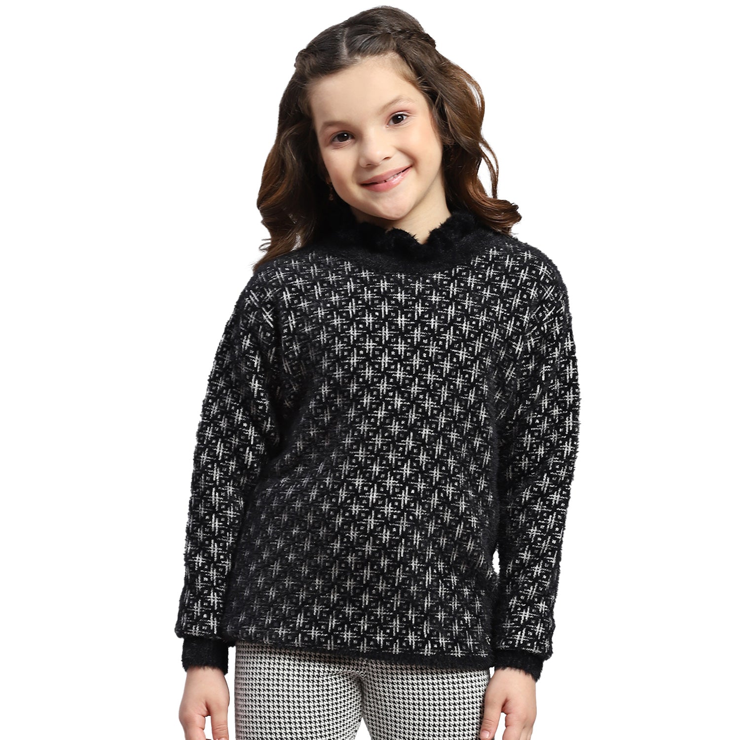 Girls Black Self Design F Neck Full Sleeve Sweater