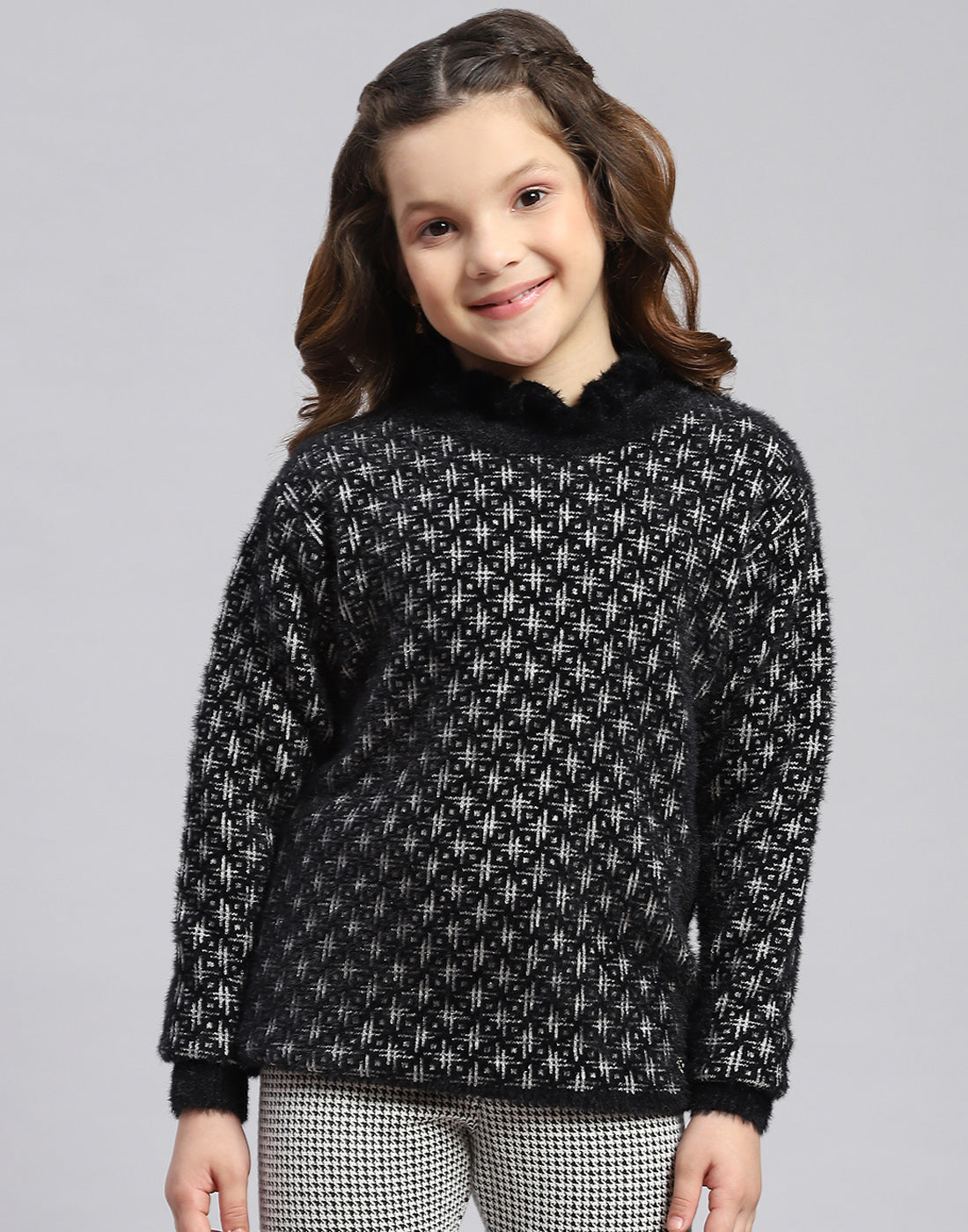 Girls Black Self Design F Neck Full Sleeve Sweater