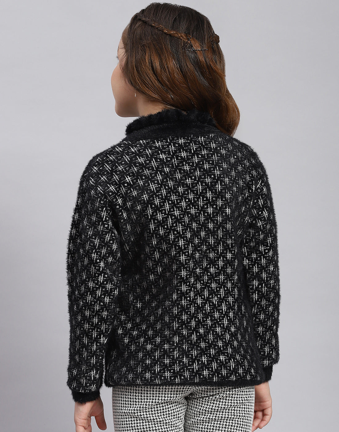 Girls Black Self Design F Neck Full Sleeve Sweater