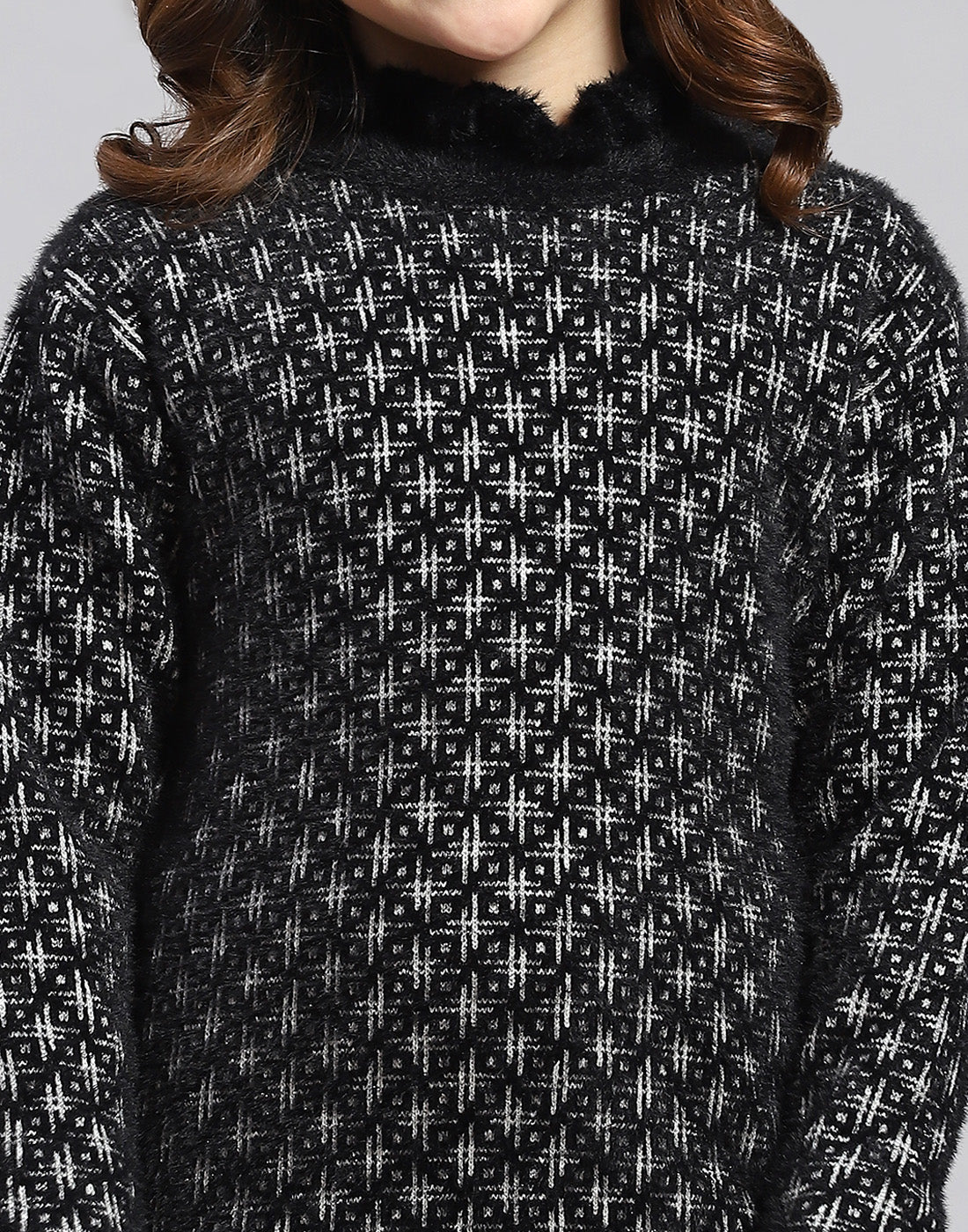 Girls Black Self Design F Neck Full Sleeve Sweater