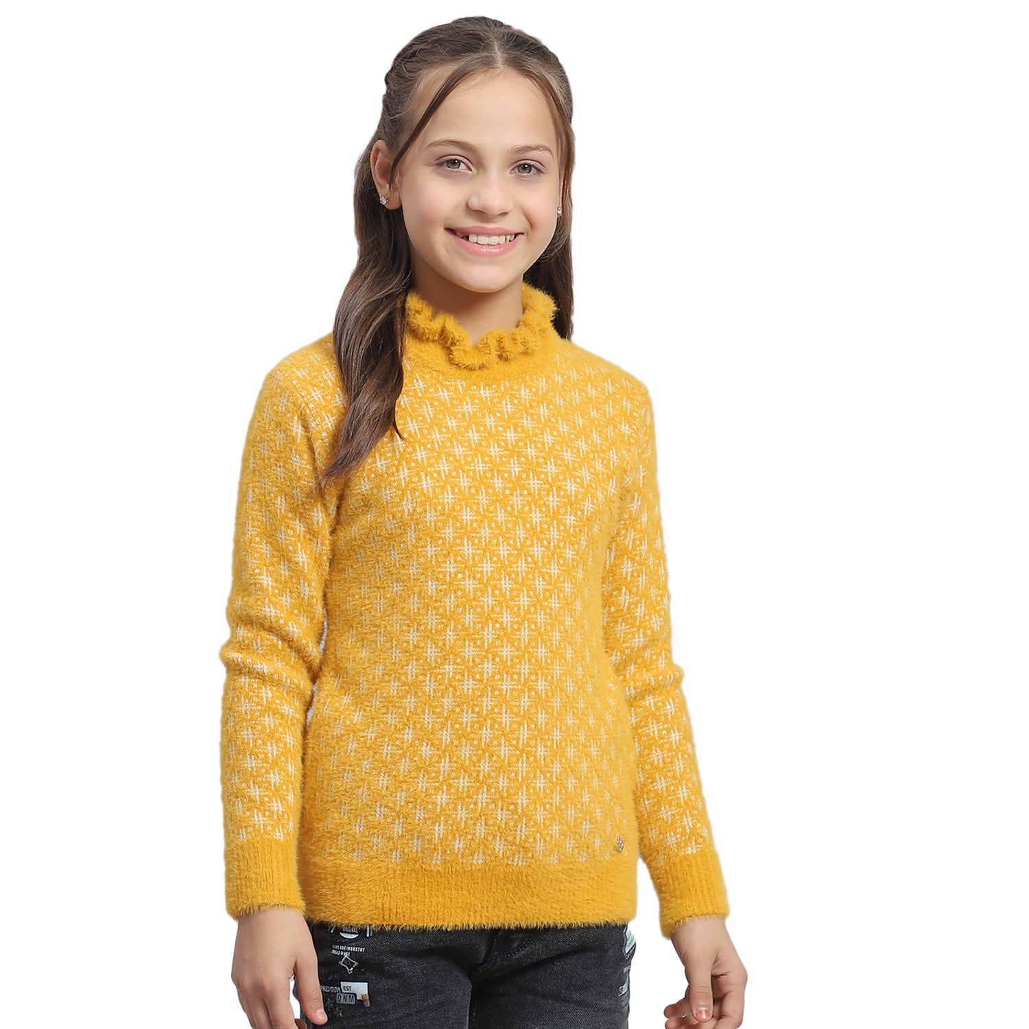 Girls Mustard Self Design F Neck Full Sleeve Sweater