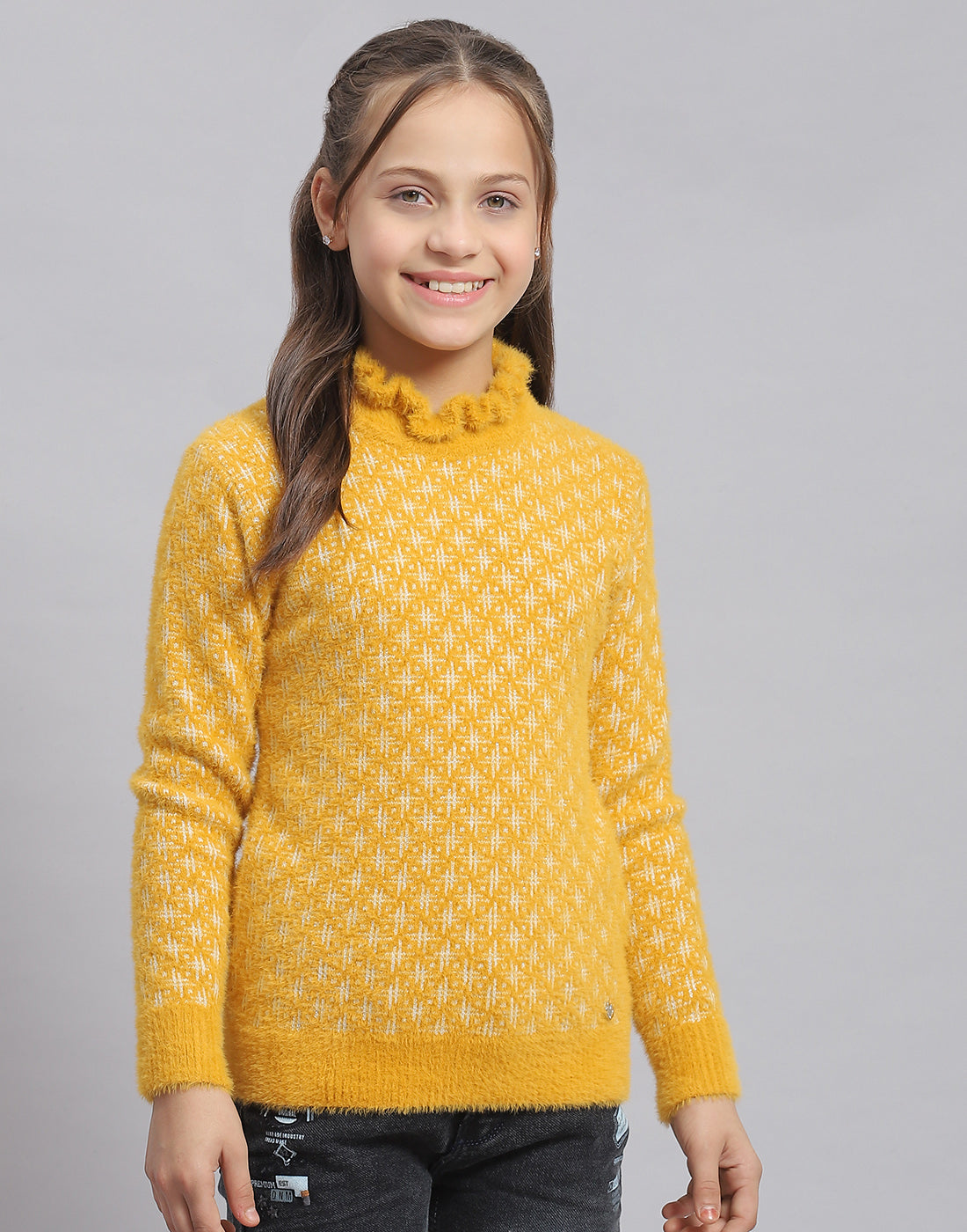 Girls Mustard Self Design F Neck Full Sleeve Sweater