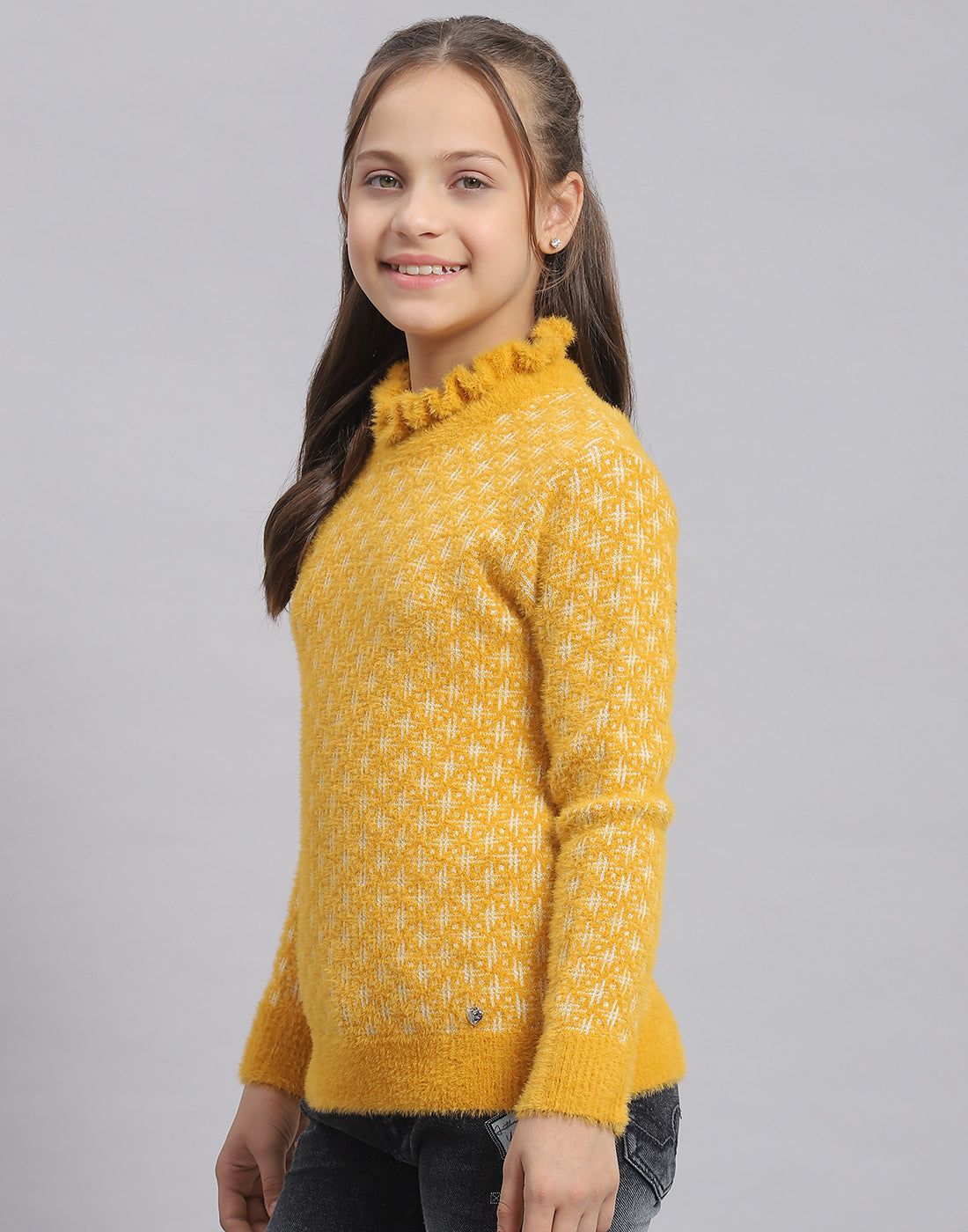 Girls Mustard Self Design F Neck Full Sleeve Sweater