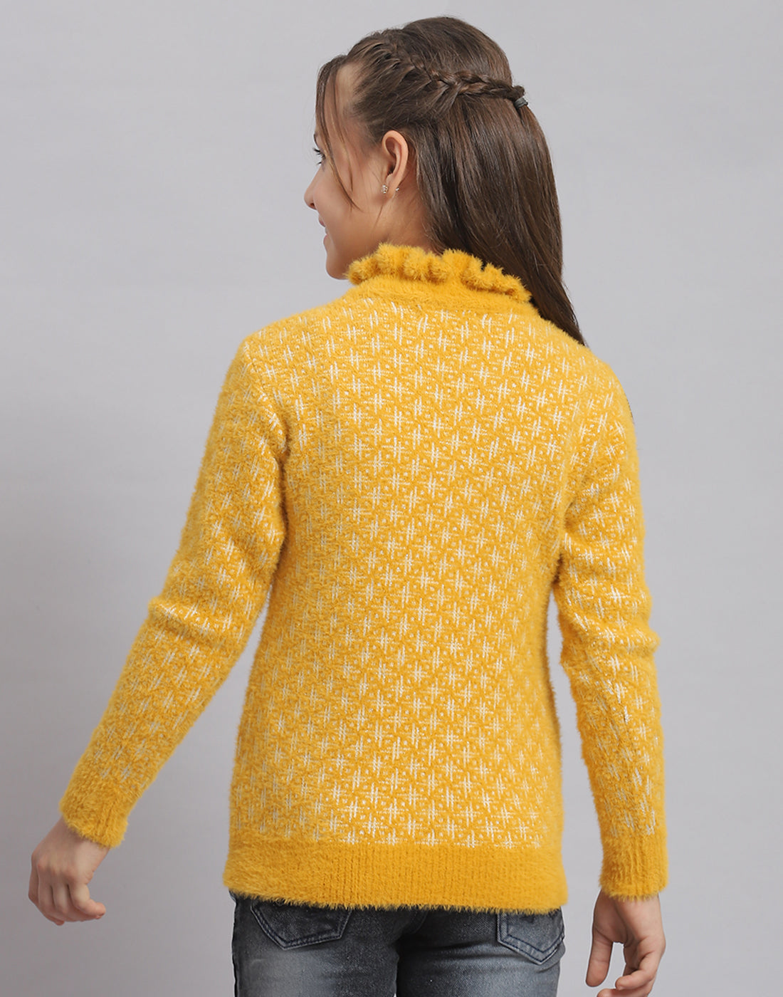 Girls Mustard Self Design F Neck Full Sleeve Sweater