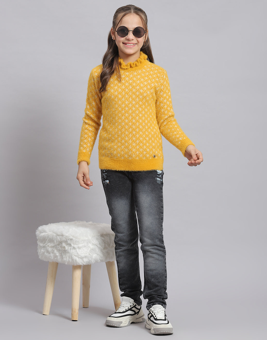 Girls Mustard Self Design F Neck Full Sleeve Sweater