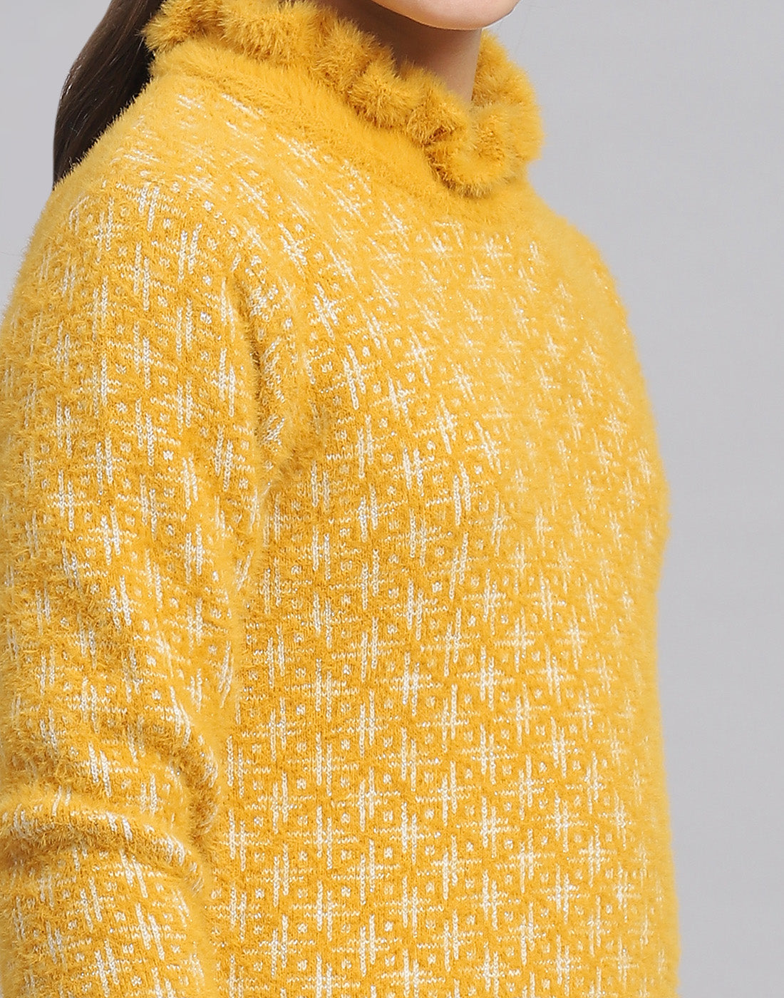 Girls Mustard Self Design F Neck Full Sleeve Sweater