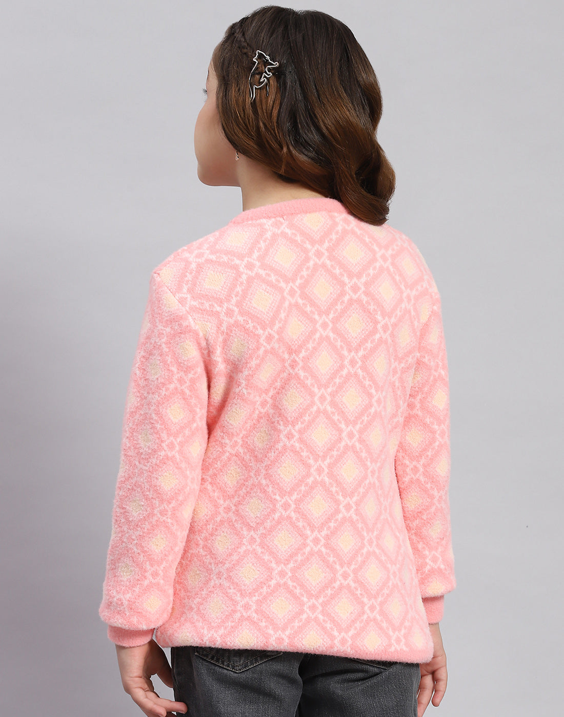 Girls Pink Self Design Round Neck Full Sleeve Sweater
