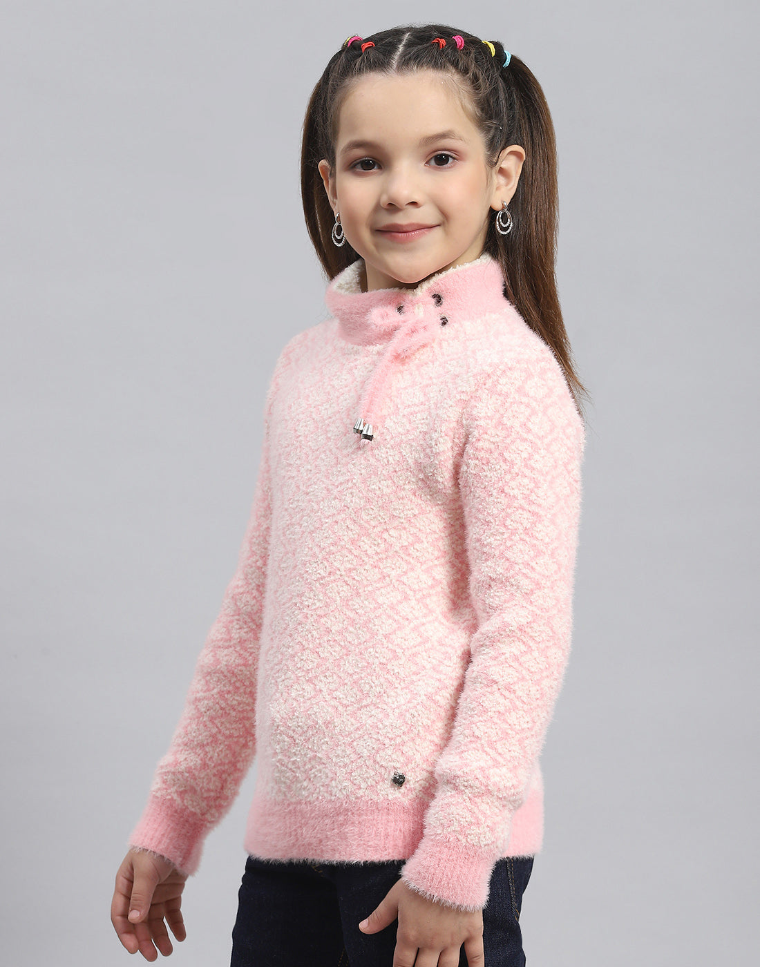 Girls Pink Self Design H Neck Full Sleeve Sweater