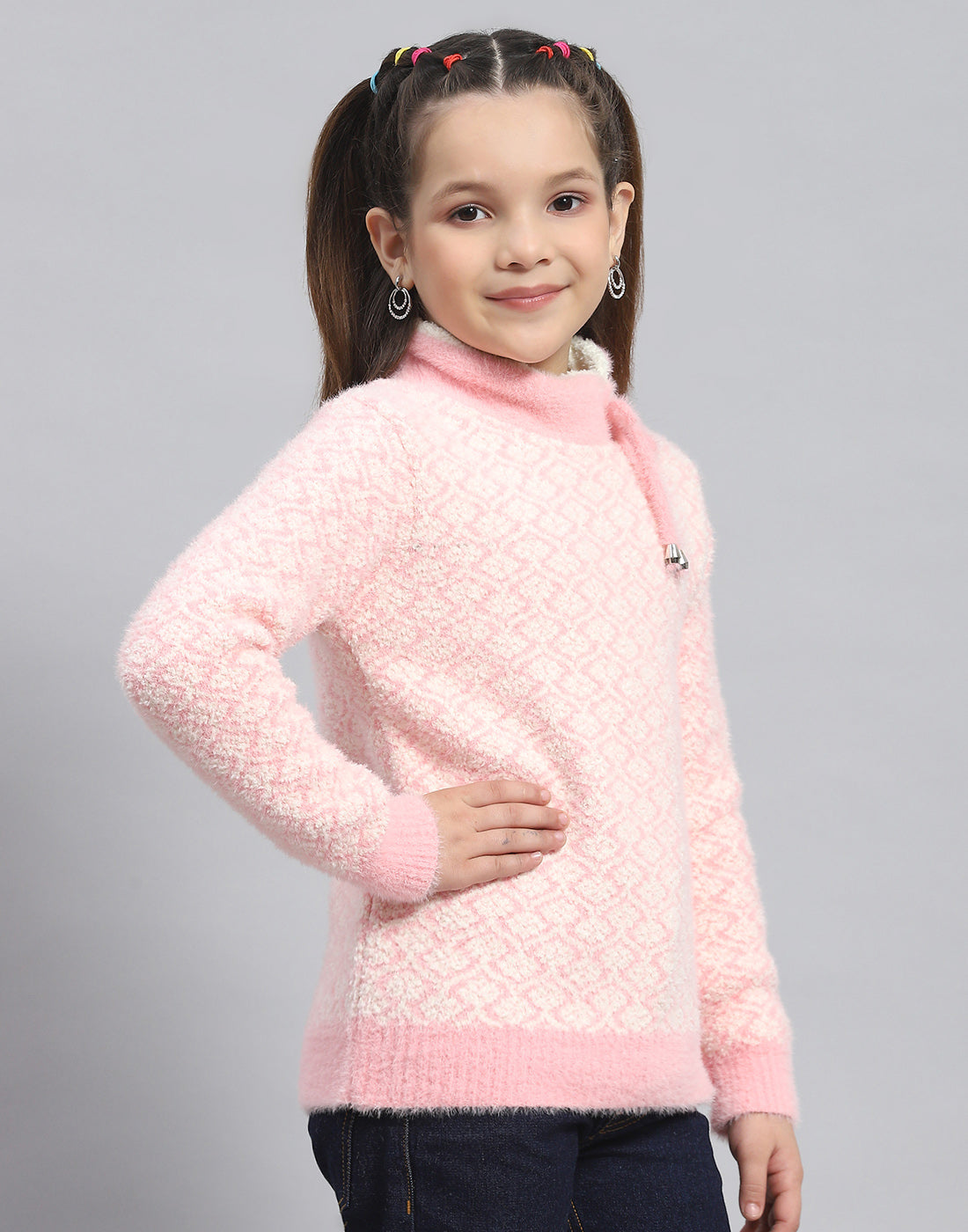 Girls Pink Self Design H Neck Full Sleeve Sweater