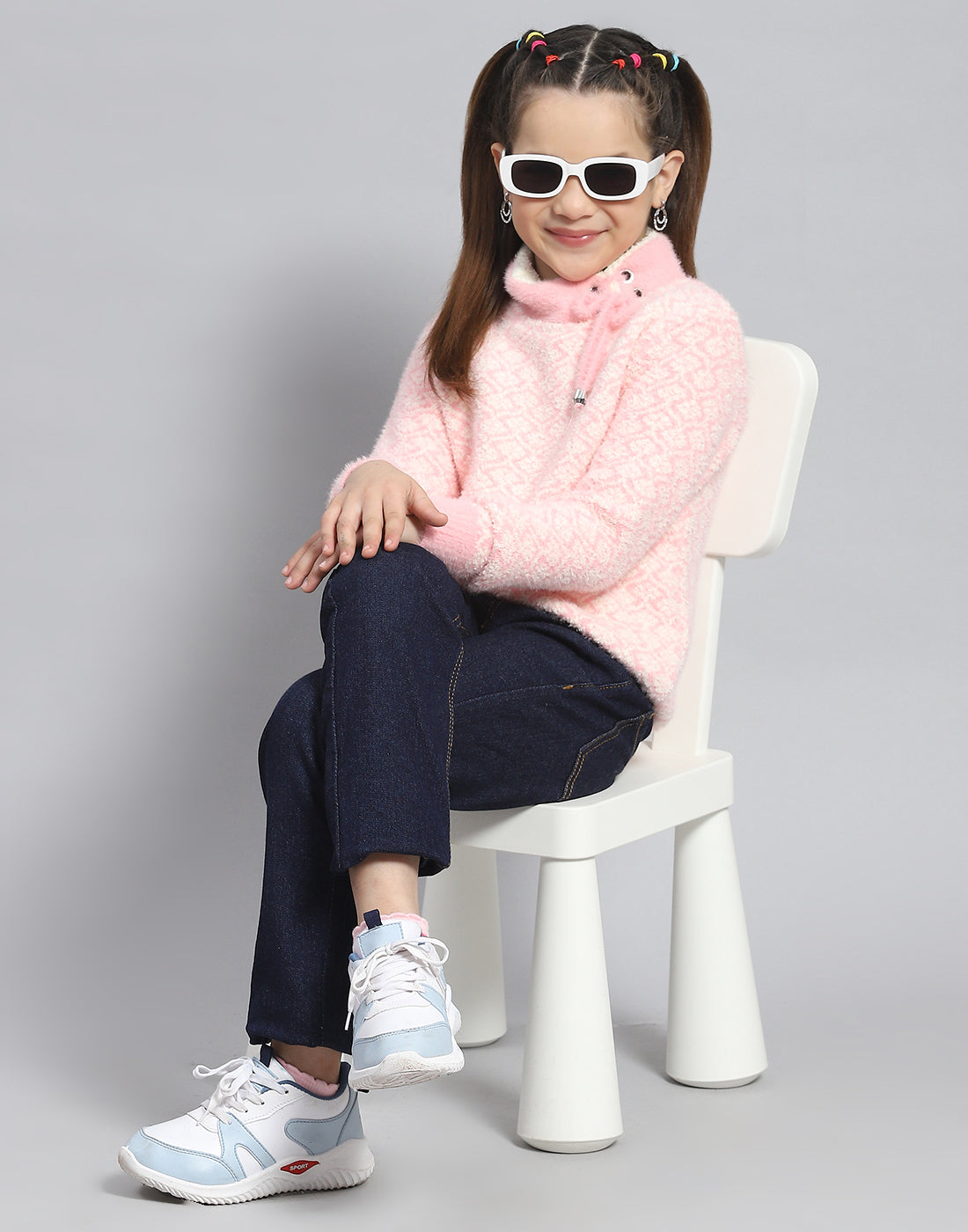Girls Pink Self Design H Neck Full Sleeve Sweater