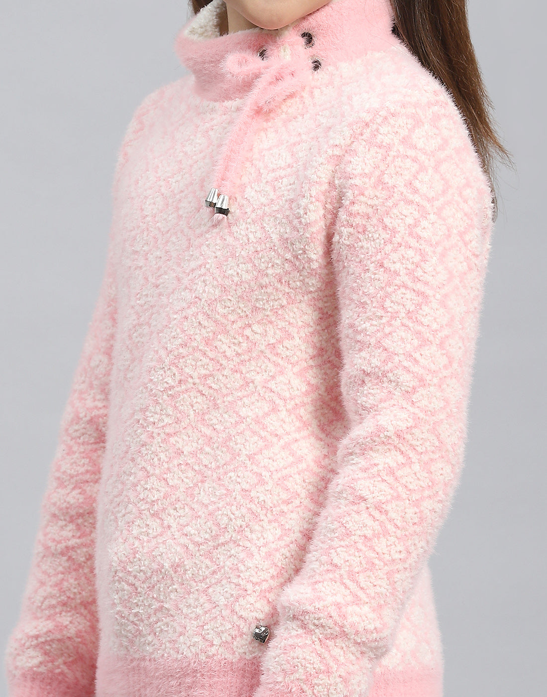 Girls Pink Self Design H Neck Full Sleeve Sweater