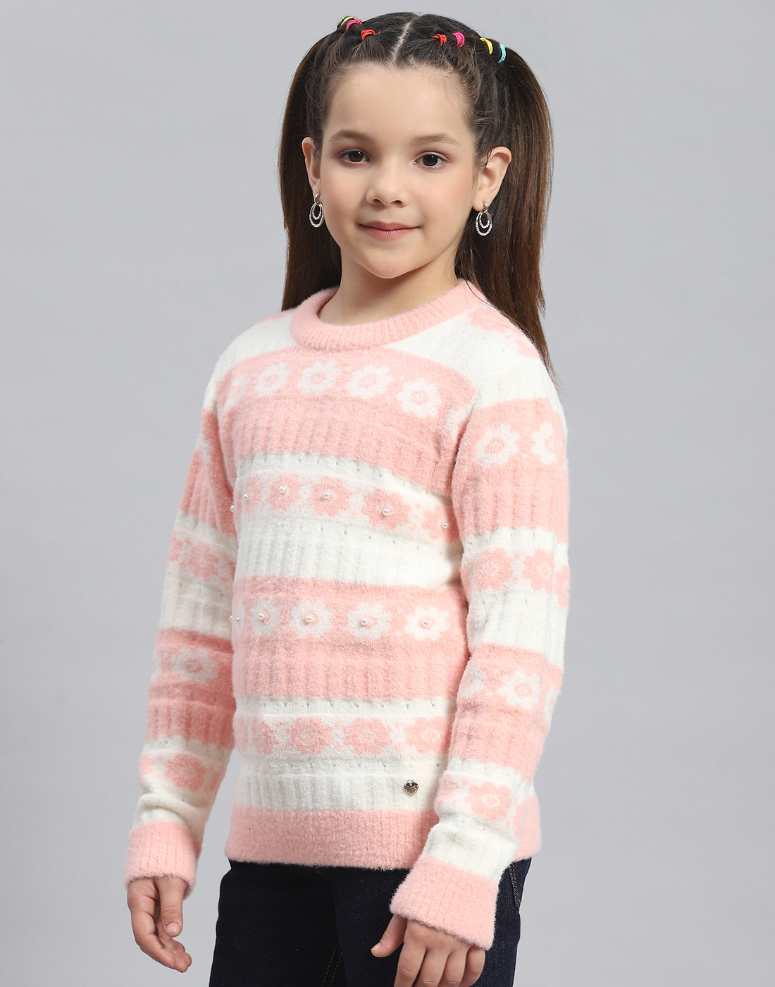 Girls Peach Self Design Round Neck Full Sleeve Sweater