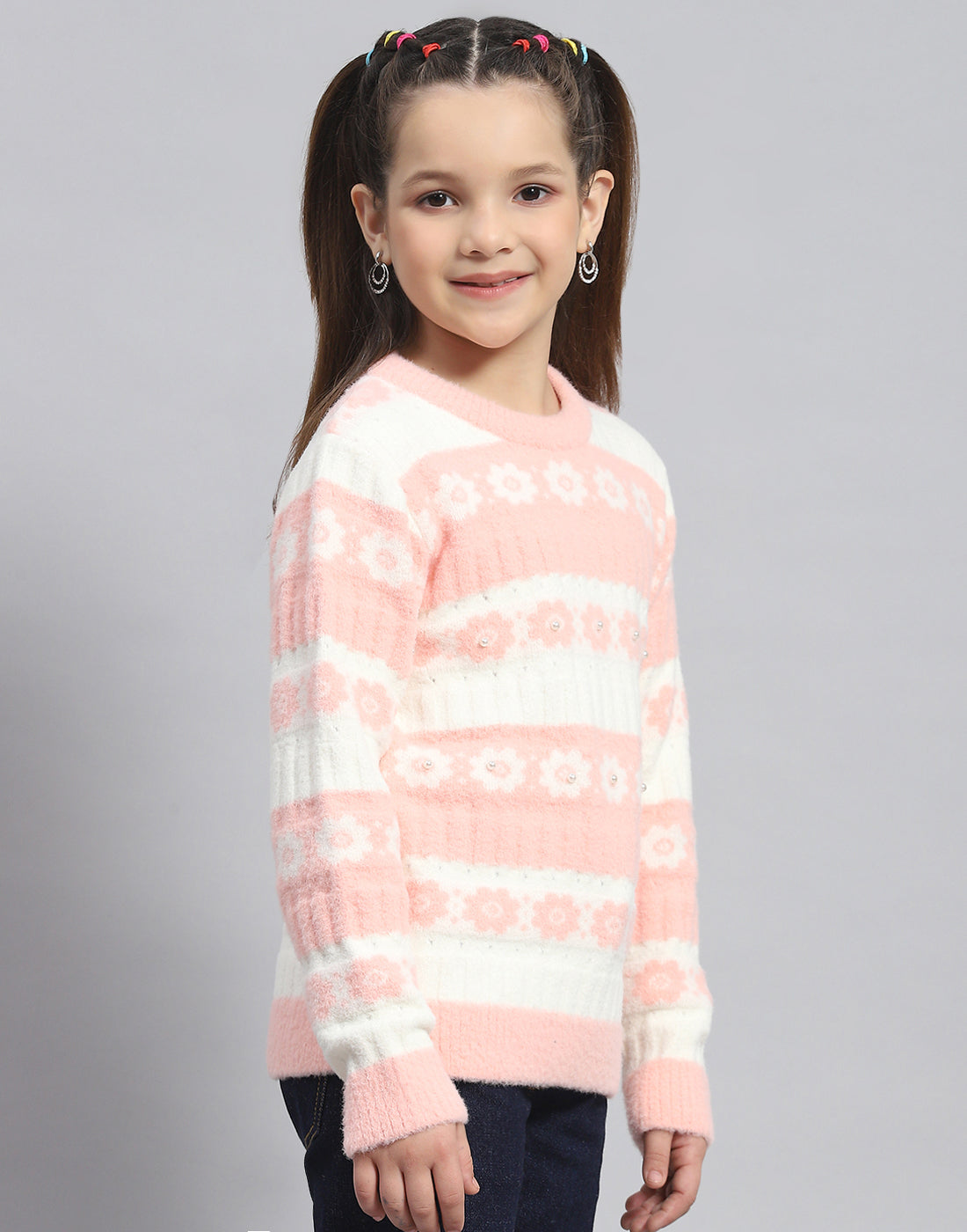 Girls Peach Self Design Round Neck Full Sleeve Sweater