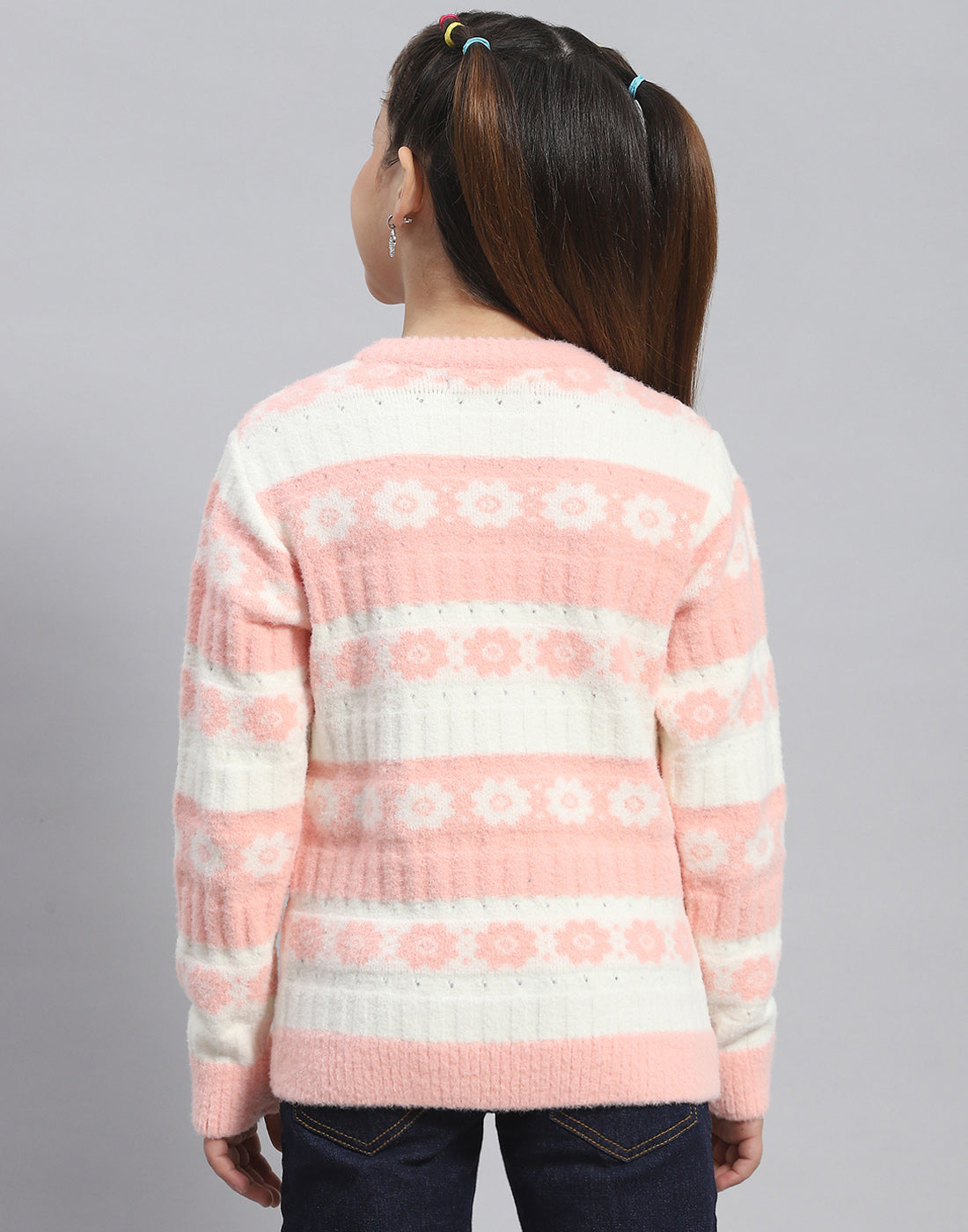 Girls Peach Self Design Round Neck Full Sleeve Sweater