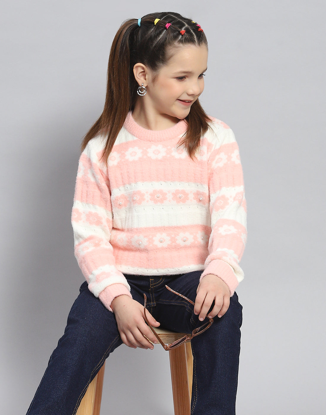 Girls Peach Self Design Round Neck Full Sleeve Sweater
