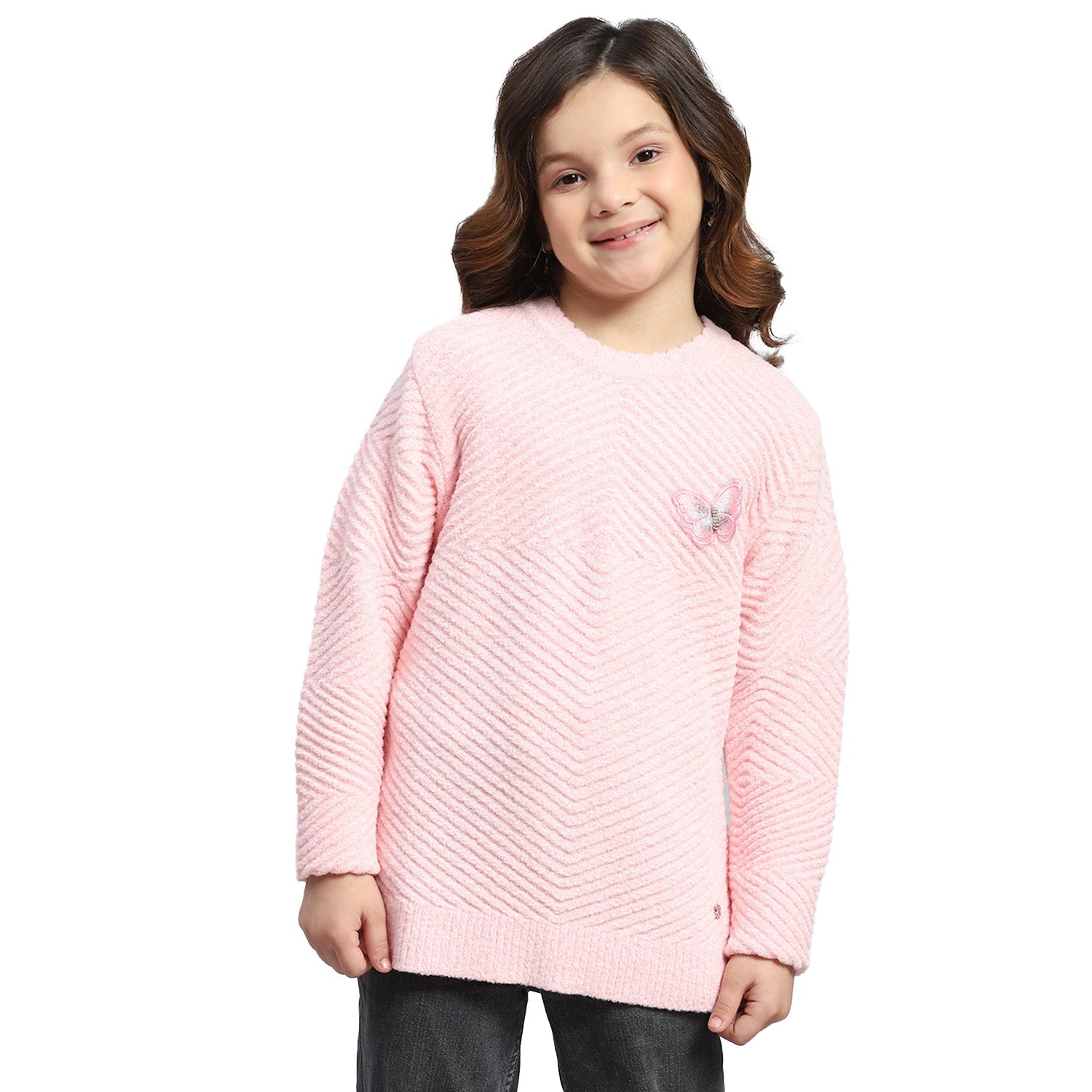 Girls Pink Self Design Round Neck Full Sleeve Sweater