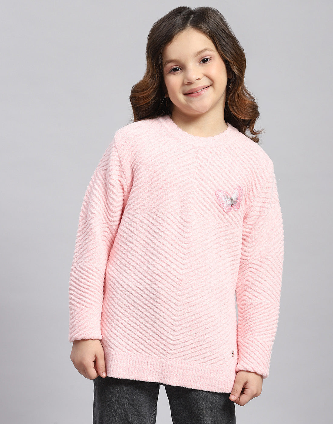 Girls Pink Self Design Round Neck Full Sleeve Sweater