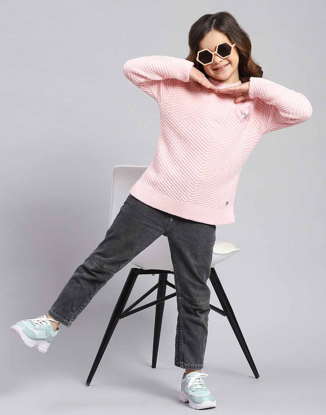 Girls Pink Self Design Round Neck Full Sleeve Sweater