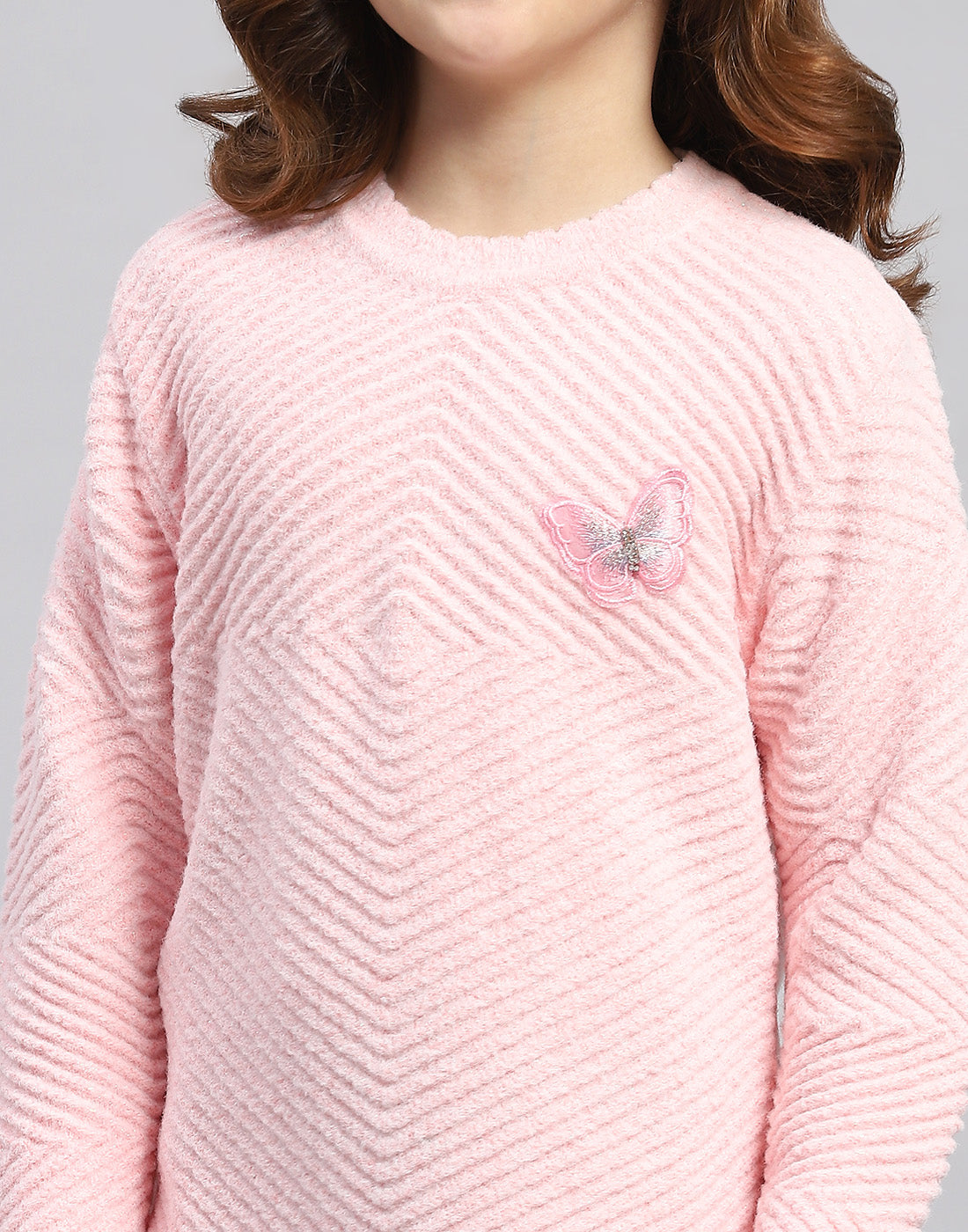 Girls Pink Self Design Round Neck Full Sleeve Sweater
