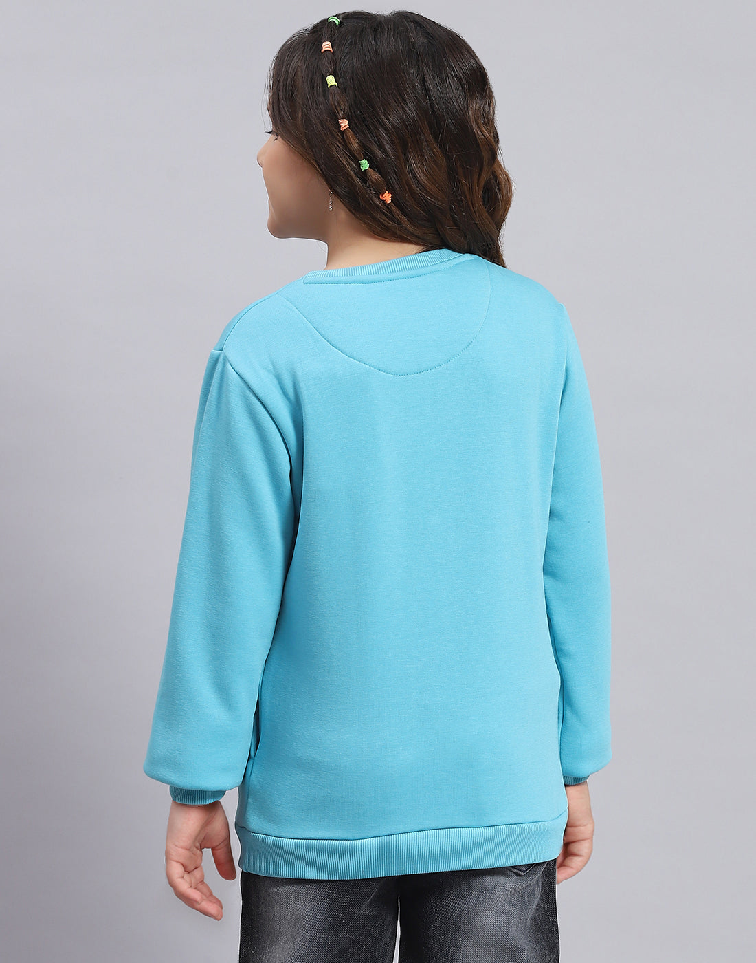 Girls Turquoise Blue Embellished Round Neck Full Sleeve Sweatshirt