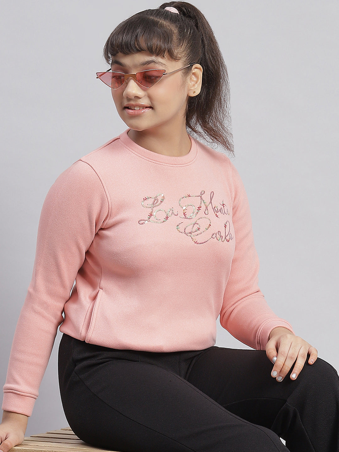 Girls Pink Embellished Round Neck Full Sleeve Sweatshirt