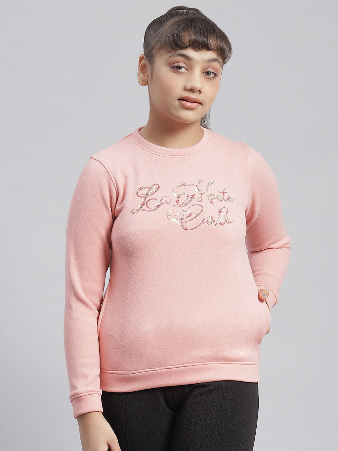 Girls Pink Embellished Round Neck Full Sleeve Sweatshirt