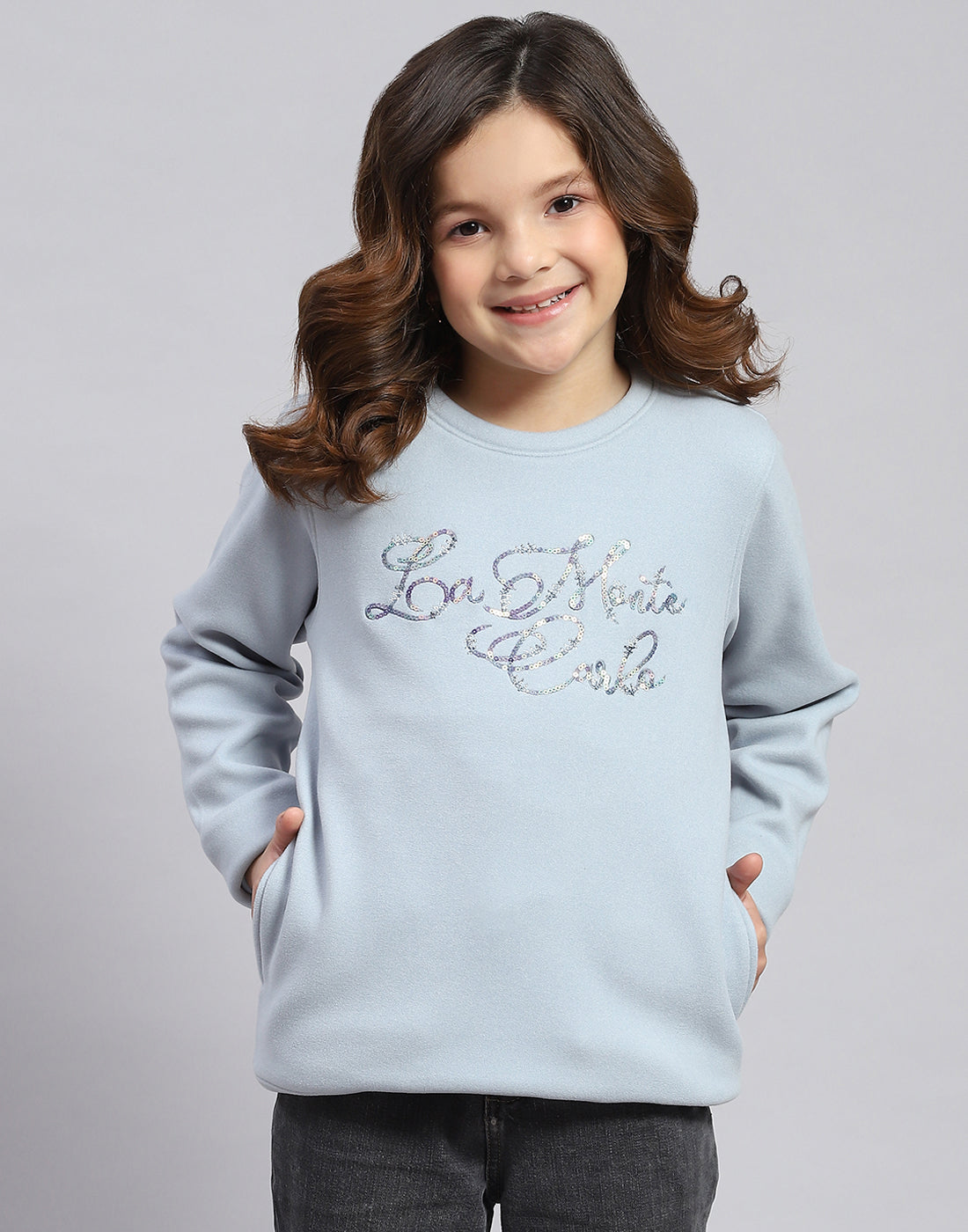 Girls Blue Embroidered Round Neck Full Sleeve Sweatshirt