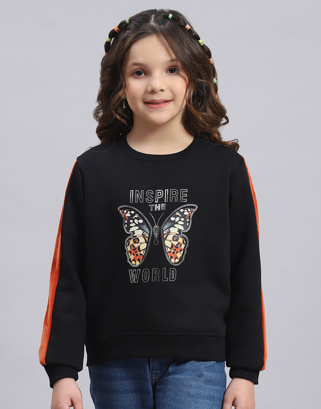 Girls Black Printed Round Neck Full Sleeve Sweatshirt