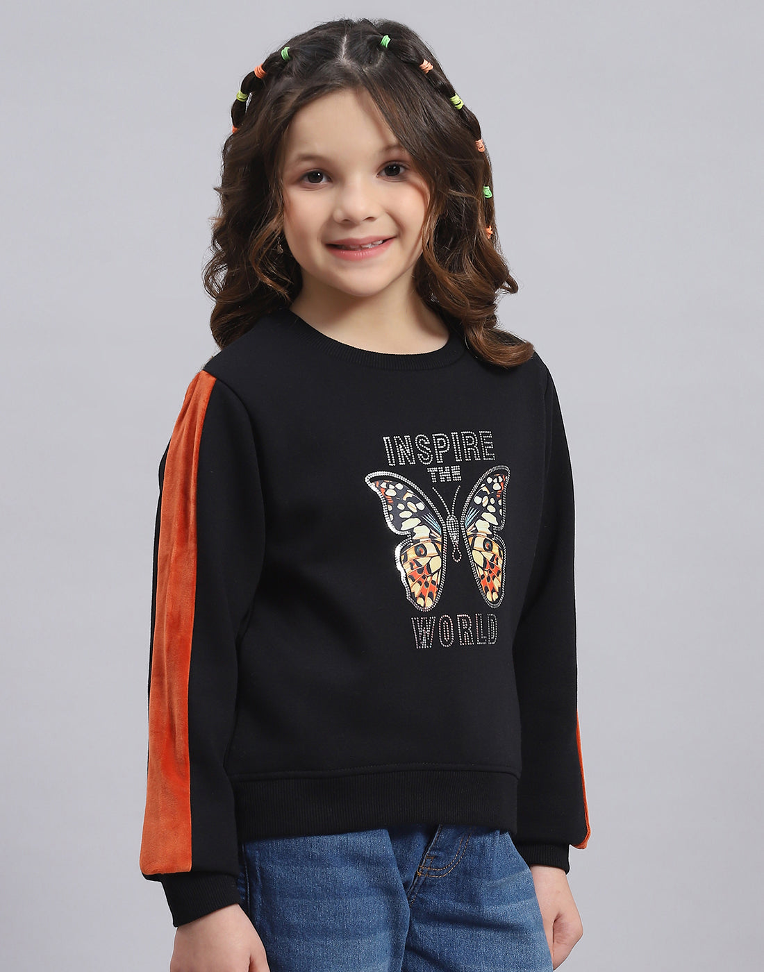 Girls Black Printed Round Neck Full Sleeve Sweatshirt