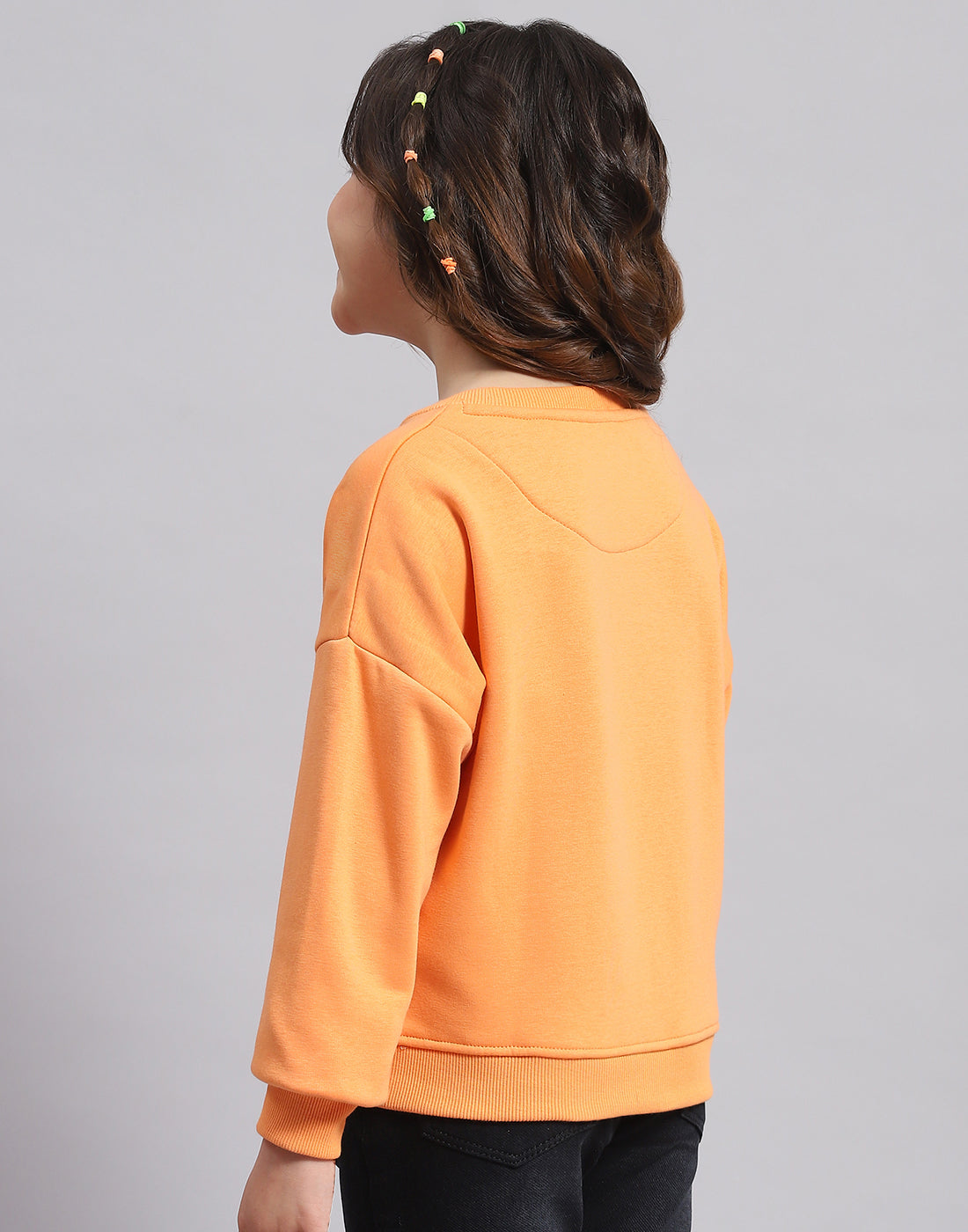 Girls Orange Printed Round Neck Full Sleeve Sweatshirt
