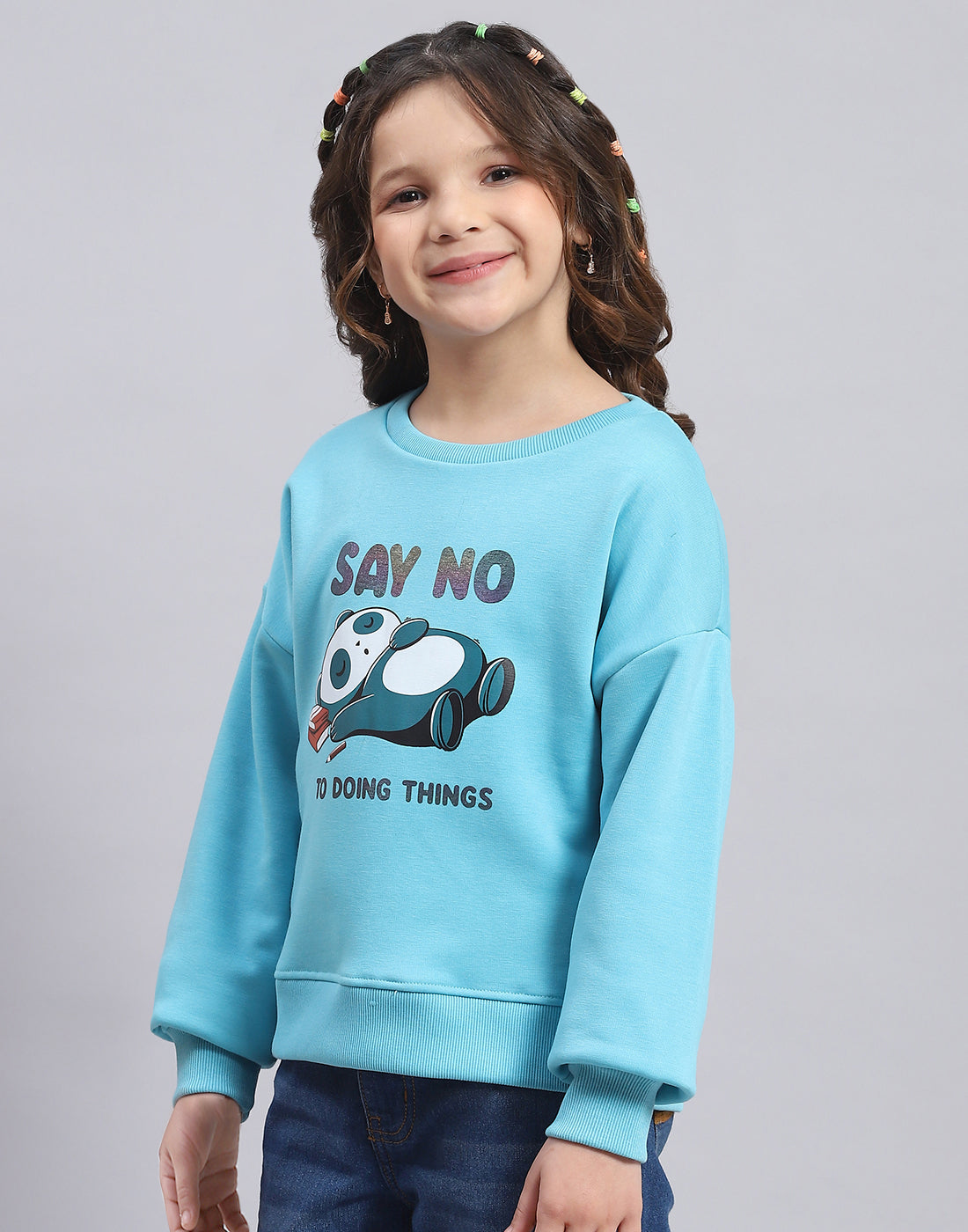 Girls Turquoise Blue Printed Round Neck Full Sleeve Sweatshirt