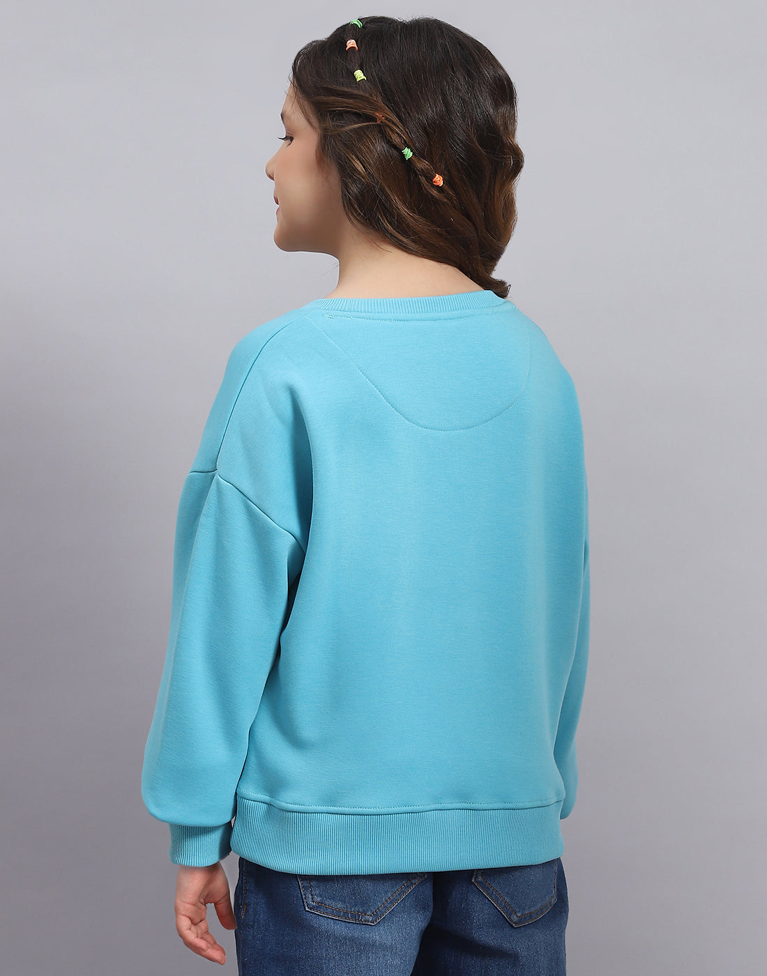 Girls Turquoise Blue Printed Round Neck Full Sleeve Sweatshirt