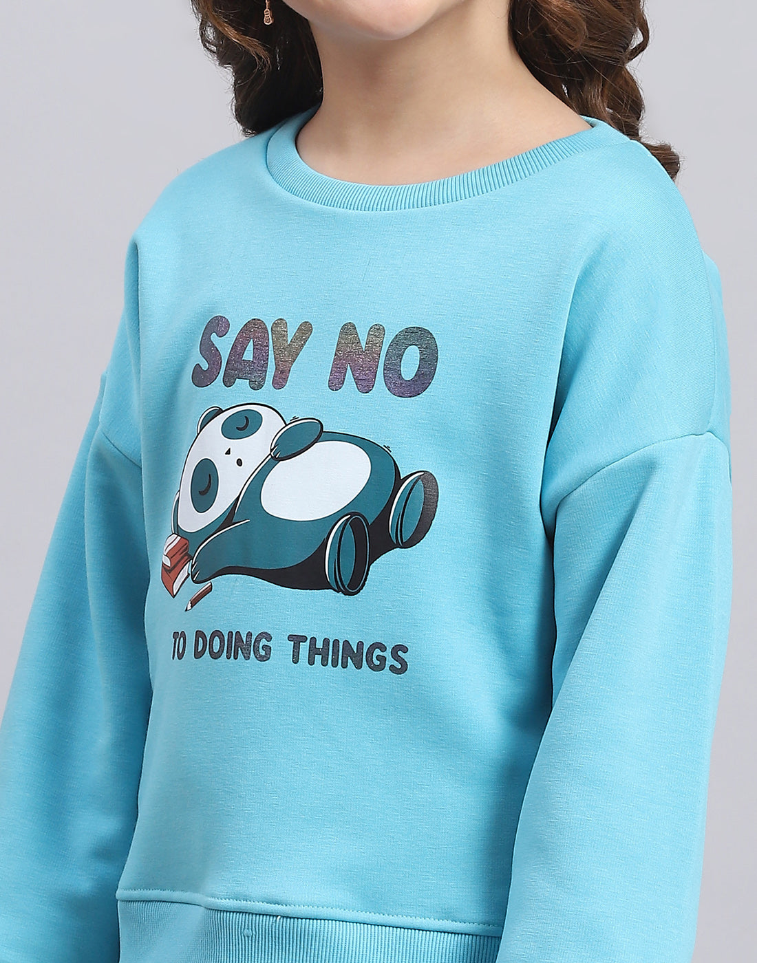 Girls Turquoise Blue Printed Round Neck Full Sleeve Sweatshirt