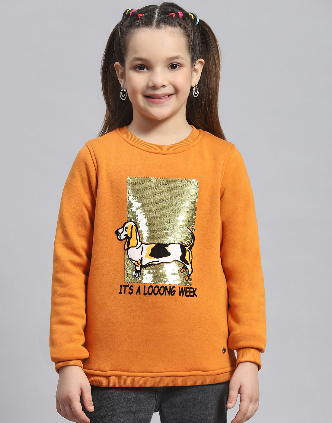 Girls Orange Embellished Round Neck Full Sleeve Sweatshirt
