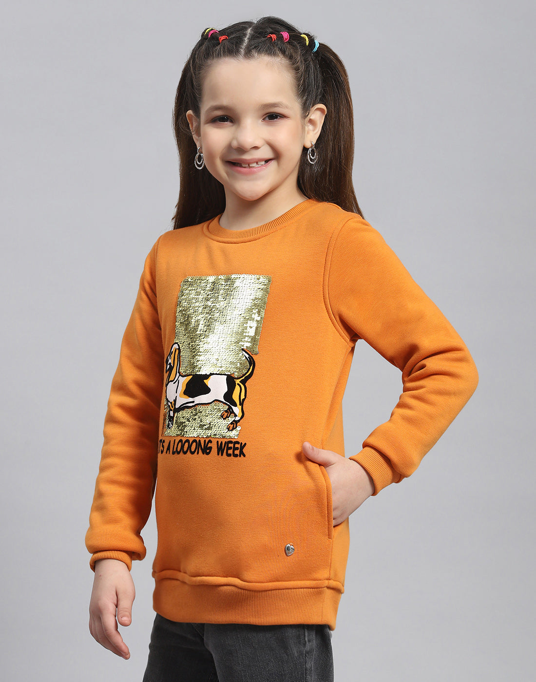 Girls Orange Embellished Round Neck Full Sleeve Sweatshirt
