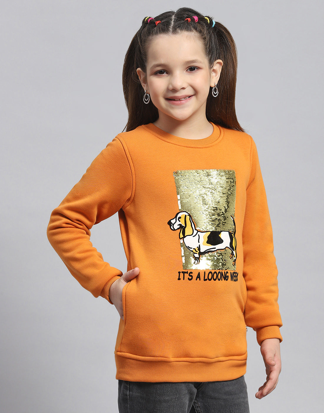 Girls Orange Embellished Round Neck Full Sleeve Sweatshirt
