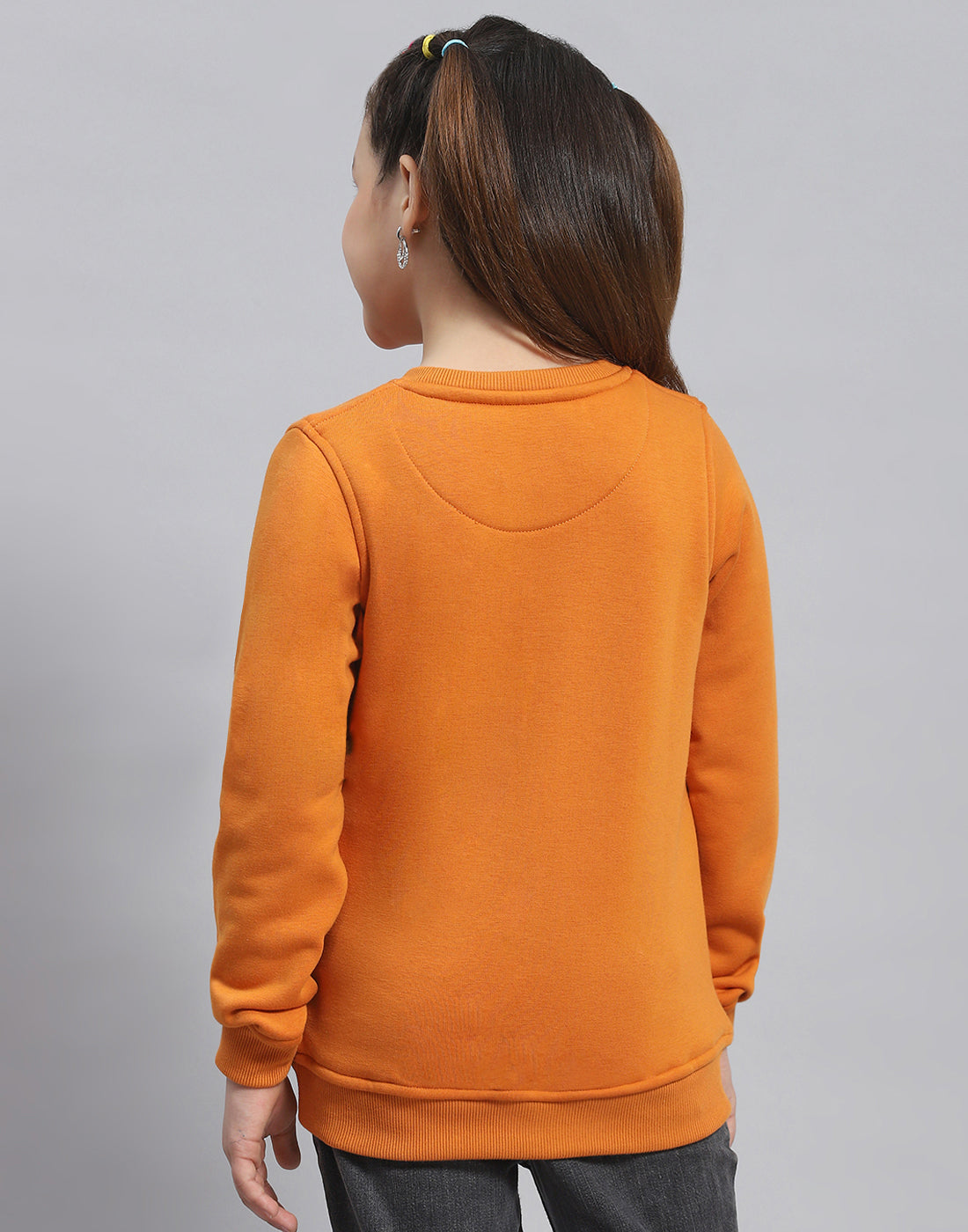 Girls Orange Embellished Round Neck Full Sleeve Sweatshirt
