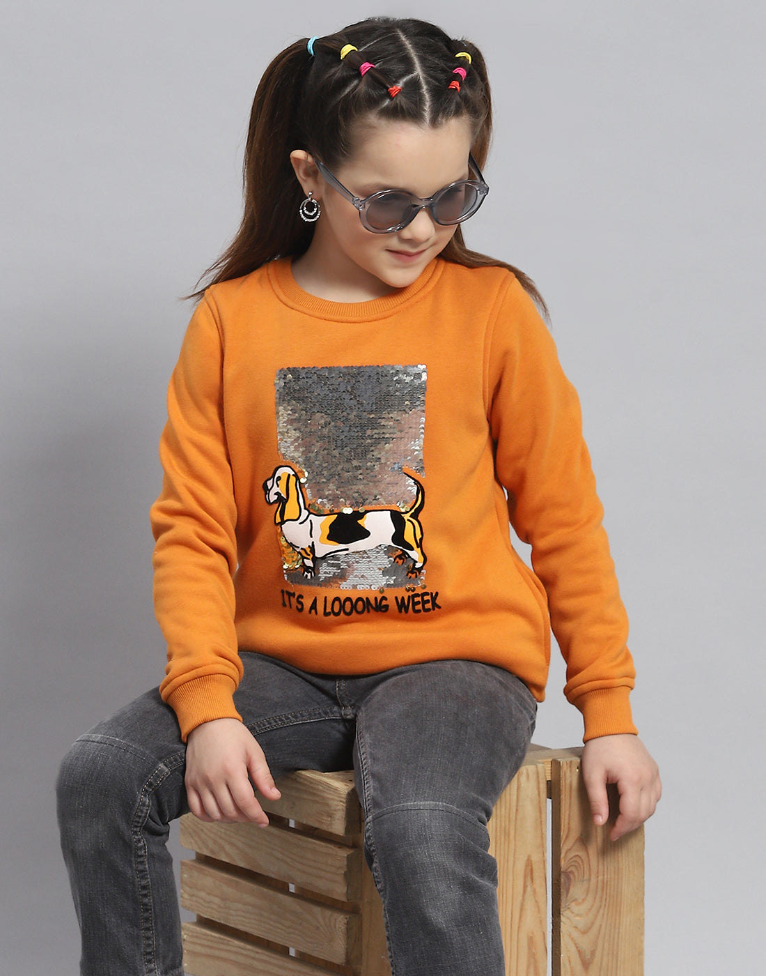 Girls Orange Embellished Round Neck Full Sleeve Sweatshirt