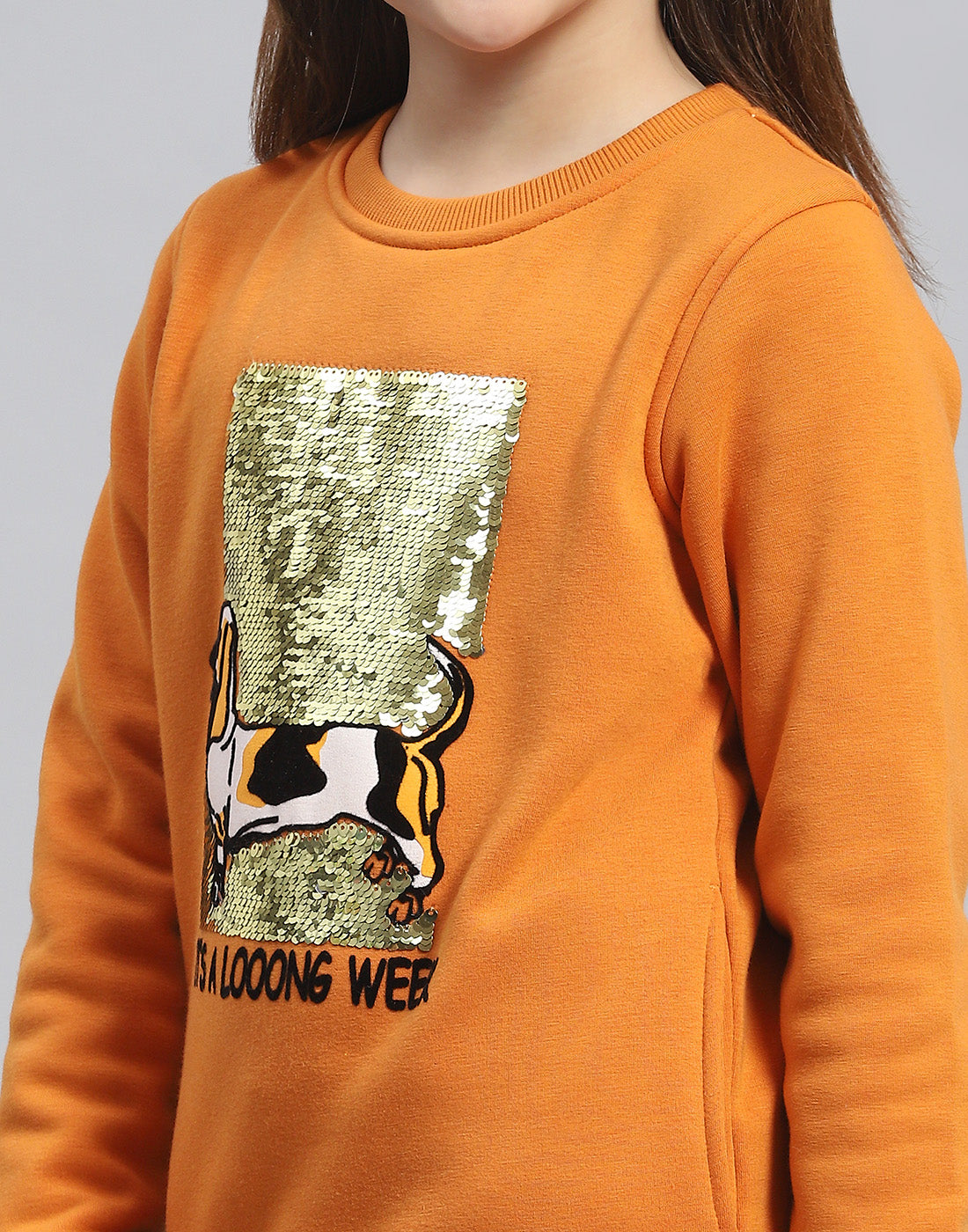 Girls Orange Embellished Round Neck Full Sleeve Sweatshirt